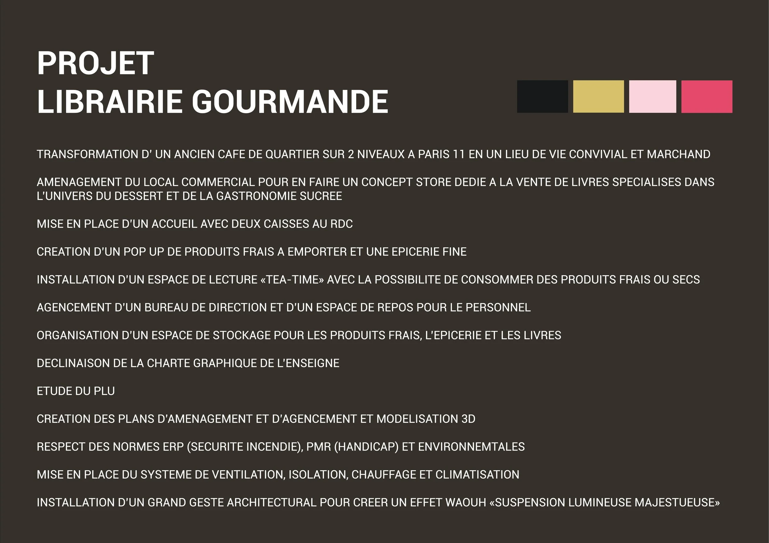 Texte décrivant un projet de librairie gourmande à Paris, comprenant la transformation d'un ancien café, la création d'une boutique spécialisée, un espace de lecture, une épicerie fine, et des installations pour le personnel, avec une charte graphiqu