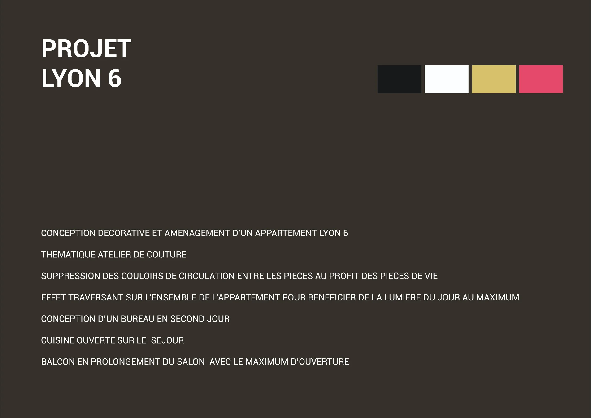 Présentation d'un projet de décoration intérieure pour un appartement Lyon 6, incluant la conception, l'aménagement, une atelier de couture, la suppression des couloirs, un bureau aménagé, une cuisine ouverte, et un balcon prolongé.