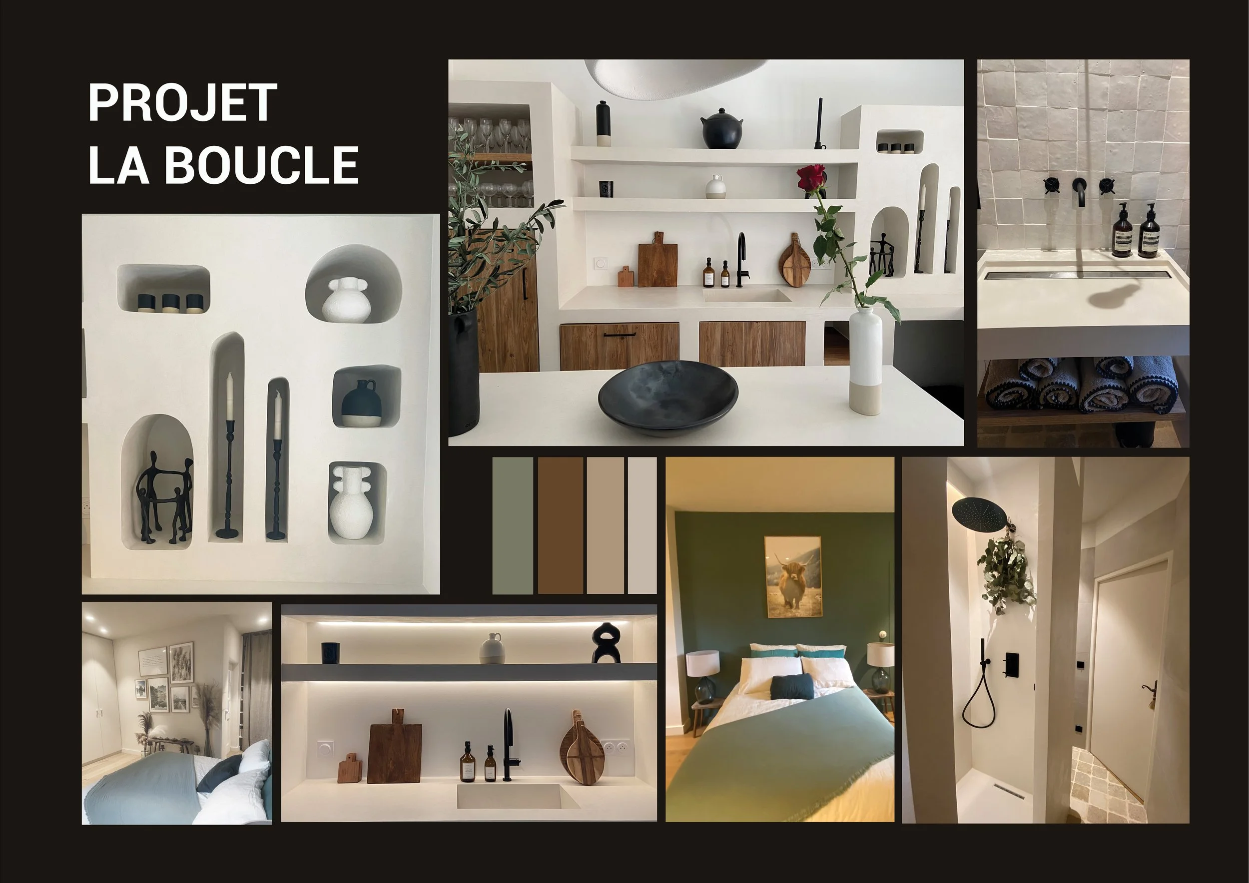 Montage de plusieurs photos intérieur d'une maison avec cuisine, chambre et salle de bain, mettant en valeur un style de décoration minimaliste, neutre et naturel avec des accents de vert et de bois, accompagné d'une palette de couleurs neutres et te