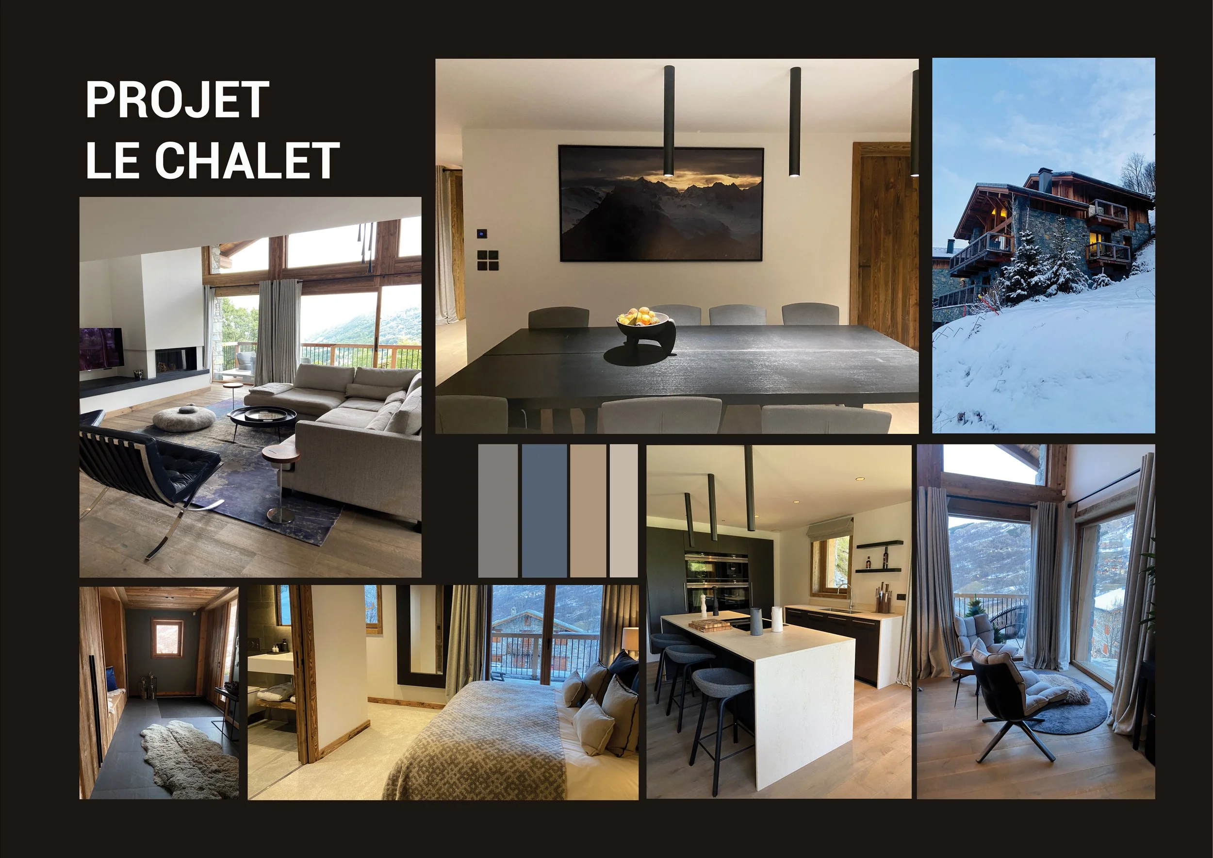 Collage de photos d'un chalet moderne avec intérieur cosi et extérieur enneigé, incluant un salon avec grandes fenêtres, salle à manger avec tableau, cuisine avec îlot, chambre, et vue extérieure du chalet en hiver.