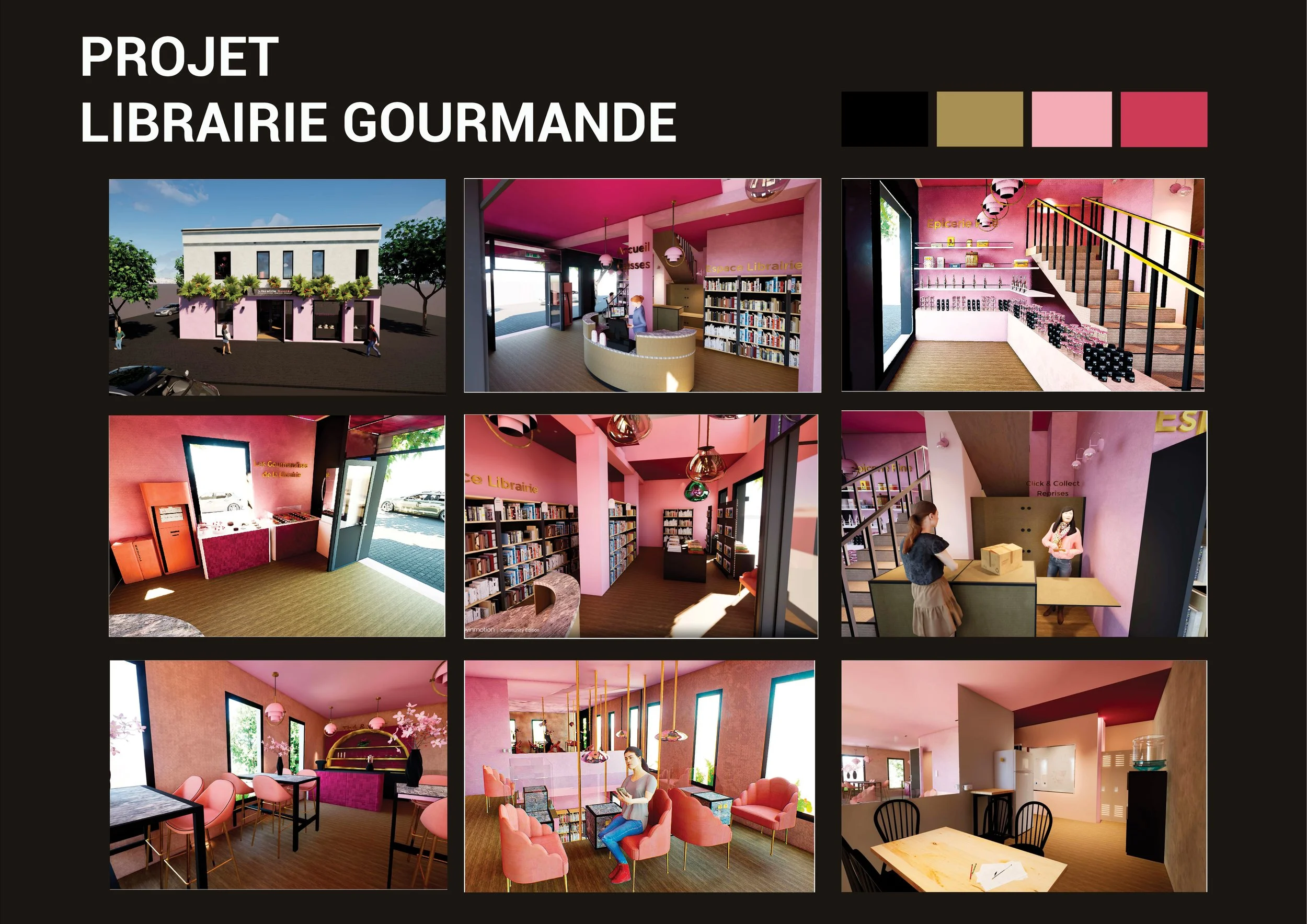 Collage de neuf images illustrant l'intérieur et l'extérieur d'une librairie gourmande, avec des espaces colorés roses, noirs, beiges et rouges, incluant scènes de lecture, étagères, comptoirs, coin café et salle de lecture.