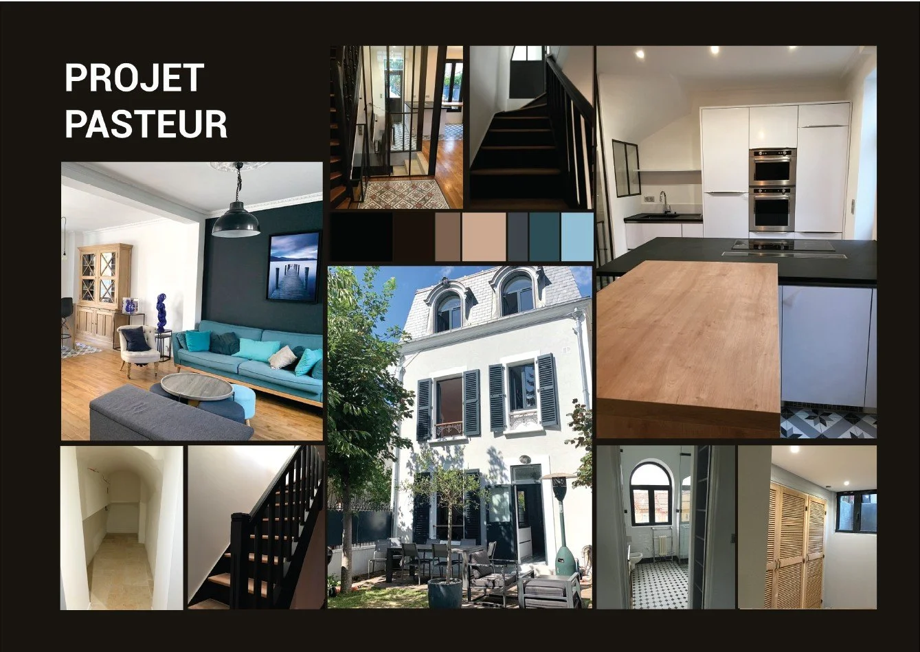 Collage de photos d'un projet de rénovation immobilière nommé 'Projet Pasteur', montrant l'intérieur et l'extérieur d'une maison, avec des pièces rénovées, une façade de maison, un escalier, une cuisine moderne, un salon, un espace extérieur avec mob