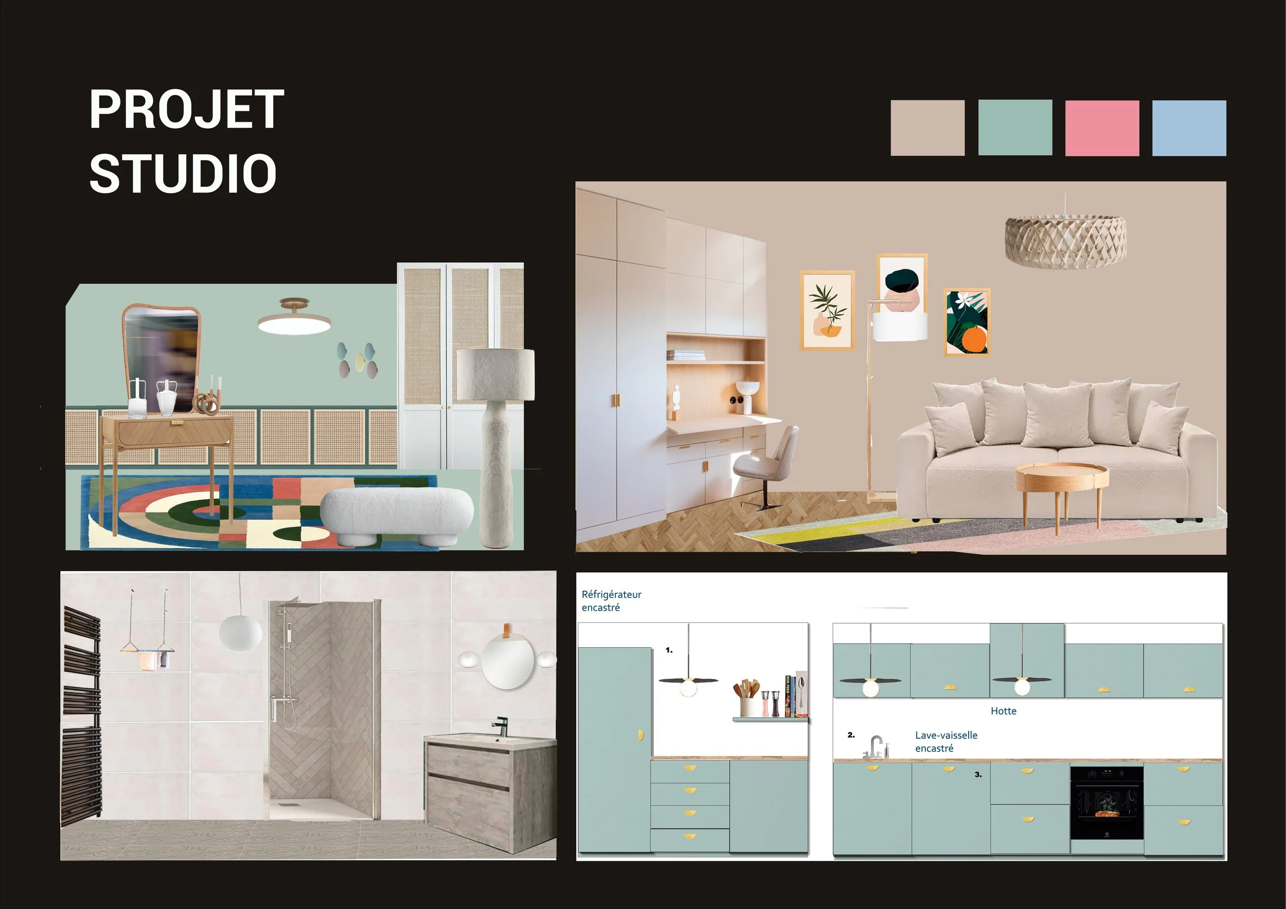 Plan d'un projet d'intérieur décoratif avec différentes pièces, salon, cuisine et salle de bain, utilisant une palette de couleurs pastel et naturelles.