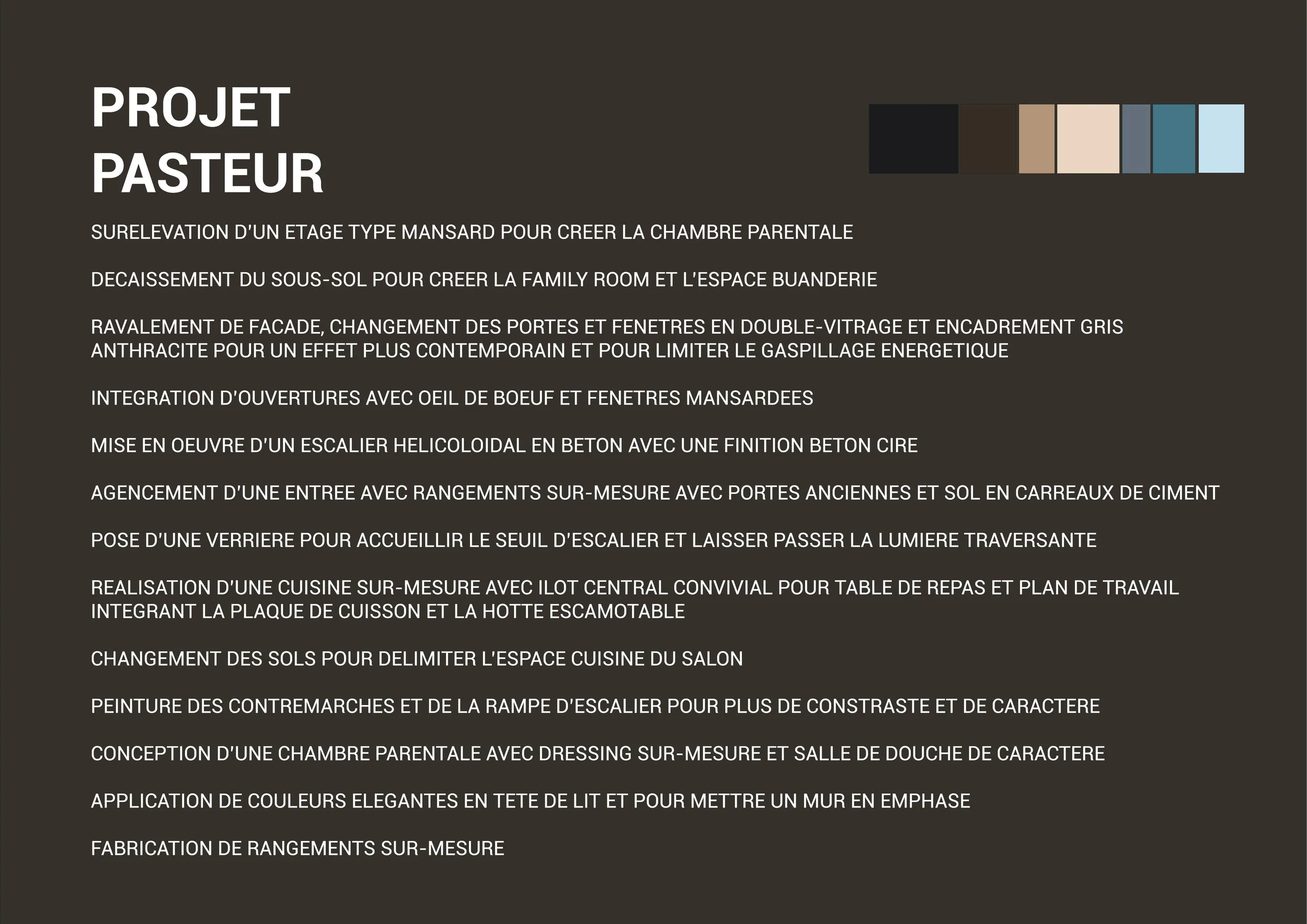 Liste de travaux pour un projet de rénovation d'intérieur, incluant la création d'une chambre parentale, salle de bain, escalier, cuisine sur mesure, et autres aménagements.