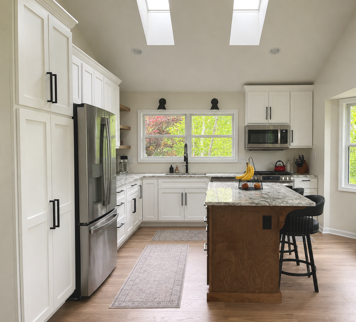 Modern kitchen with white cabinets, stainless steel refrigerator, microwave, and stove. A window above the sink overlooks greenery. A kitchen island has a marble countertop and two black bar stools, with bananas and a basket of oranges on top.