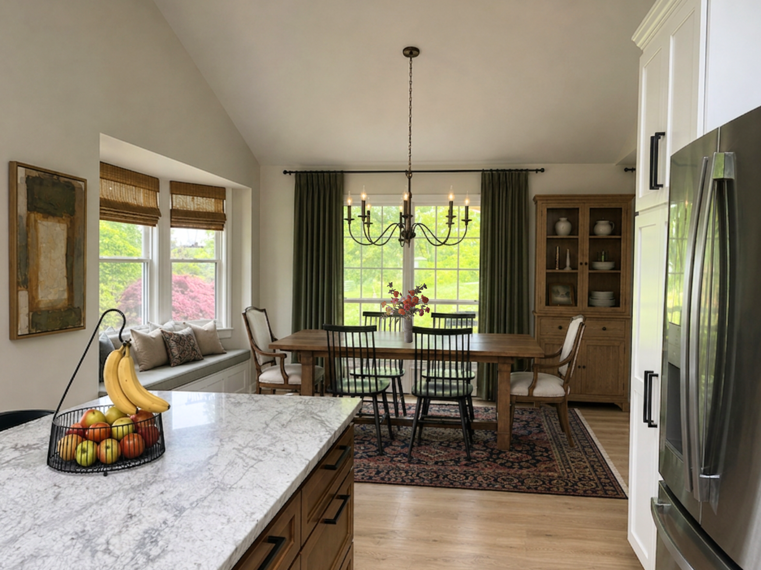 Kansas City dining room with a wood table, vintage rug, dark green curtains, built-in window seat, and oak china cabinet