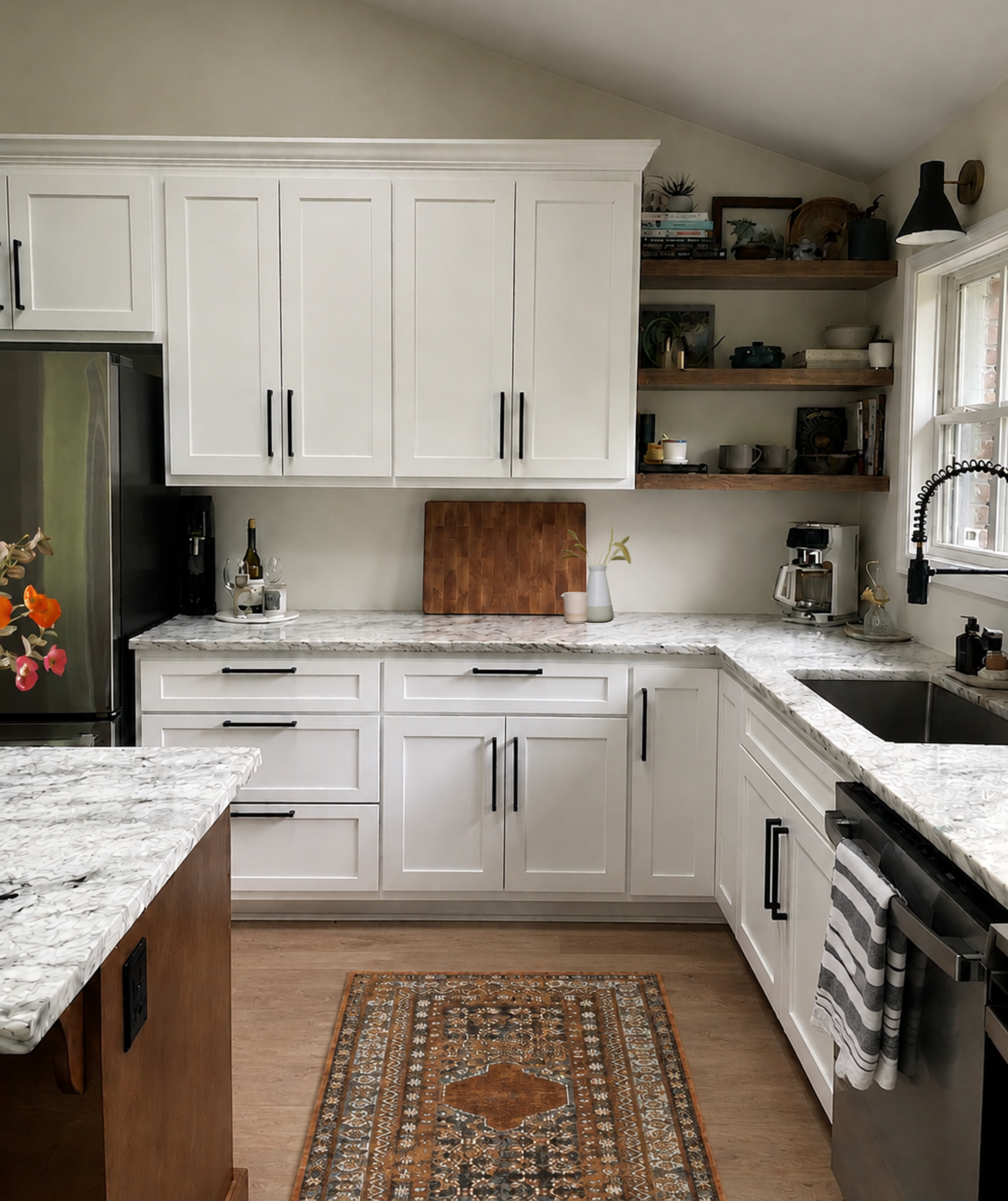 Kansas City kitchen with white cabinetry, marble countertops, warm wood accents, open shelving, and a vintage-style runner