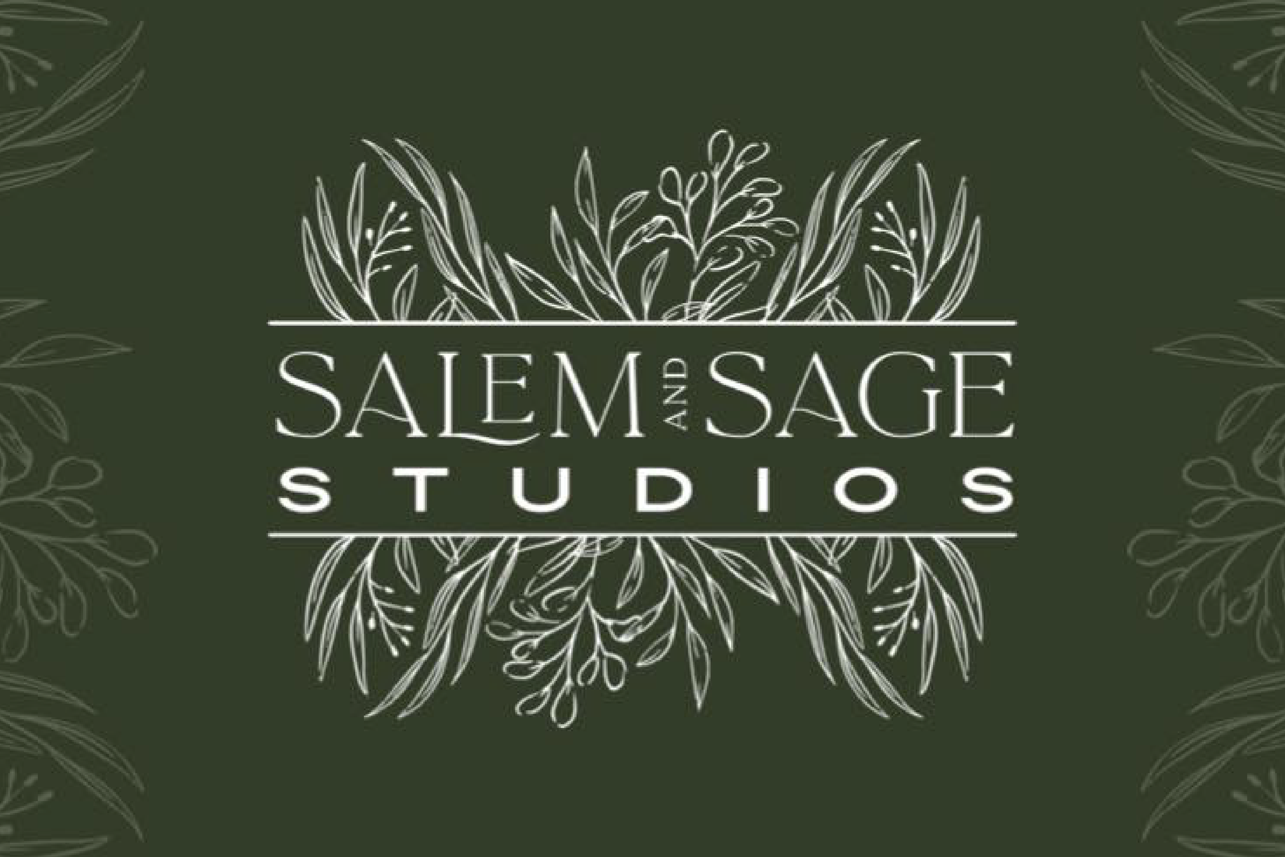Logo for Salem and Sage Studios with white botanical line art on a dark green background.