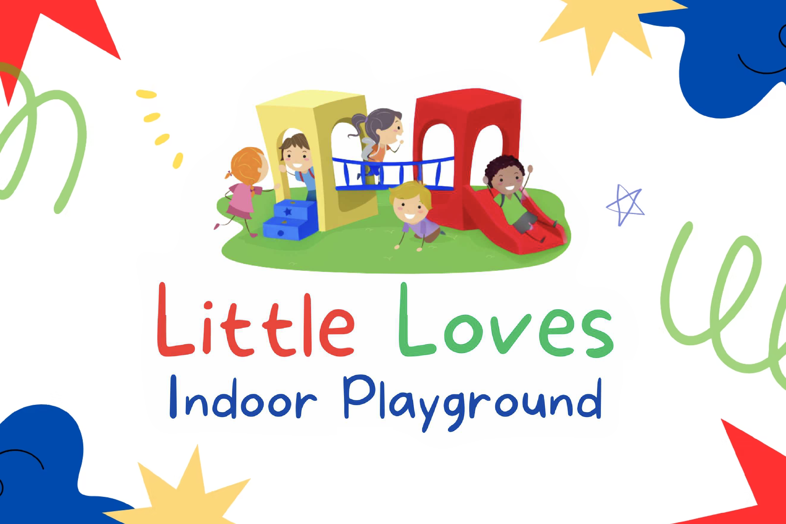 Colorful cartoon illustration of children playing on an indoor playground with a slide and climbing structures, along with the text 'Little Loves Indoor Playground' in red, green, and blue.