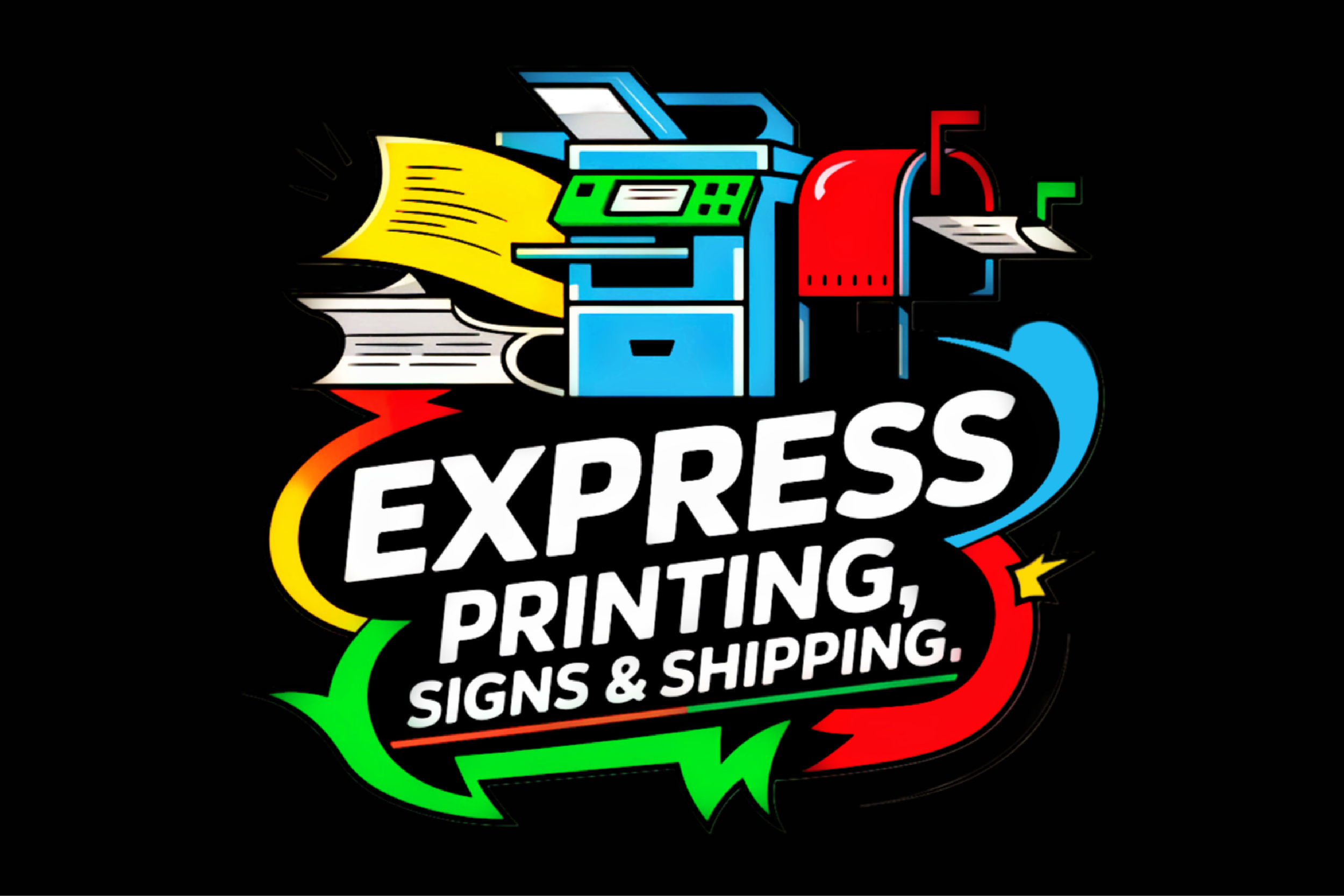 Logo for Express Printing, Signs & Shipping featuring a colorful printer, printed paper, and arrows, with text highlighting services.