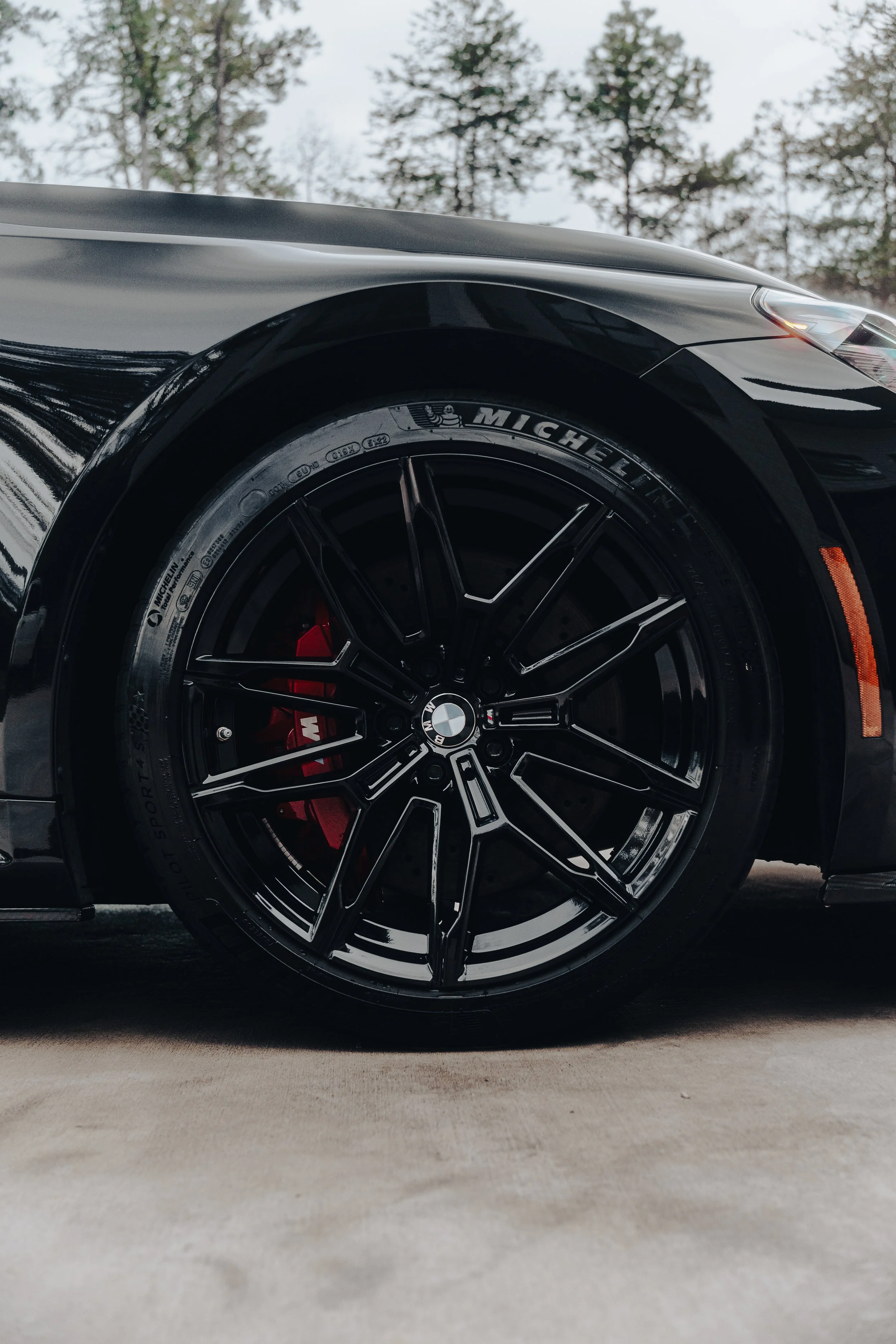 Close-up of a black luxury sports car's front wheel and tire, featuring a BMW logo on the wheel hub and red brake calipers, parked outdoors on a concrete surface with trees and sky in the background.