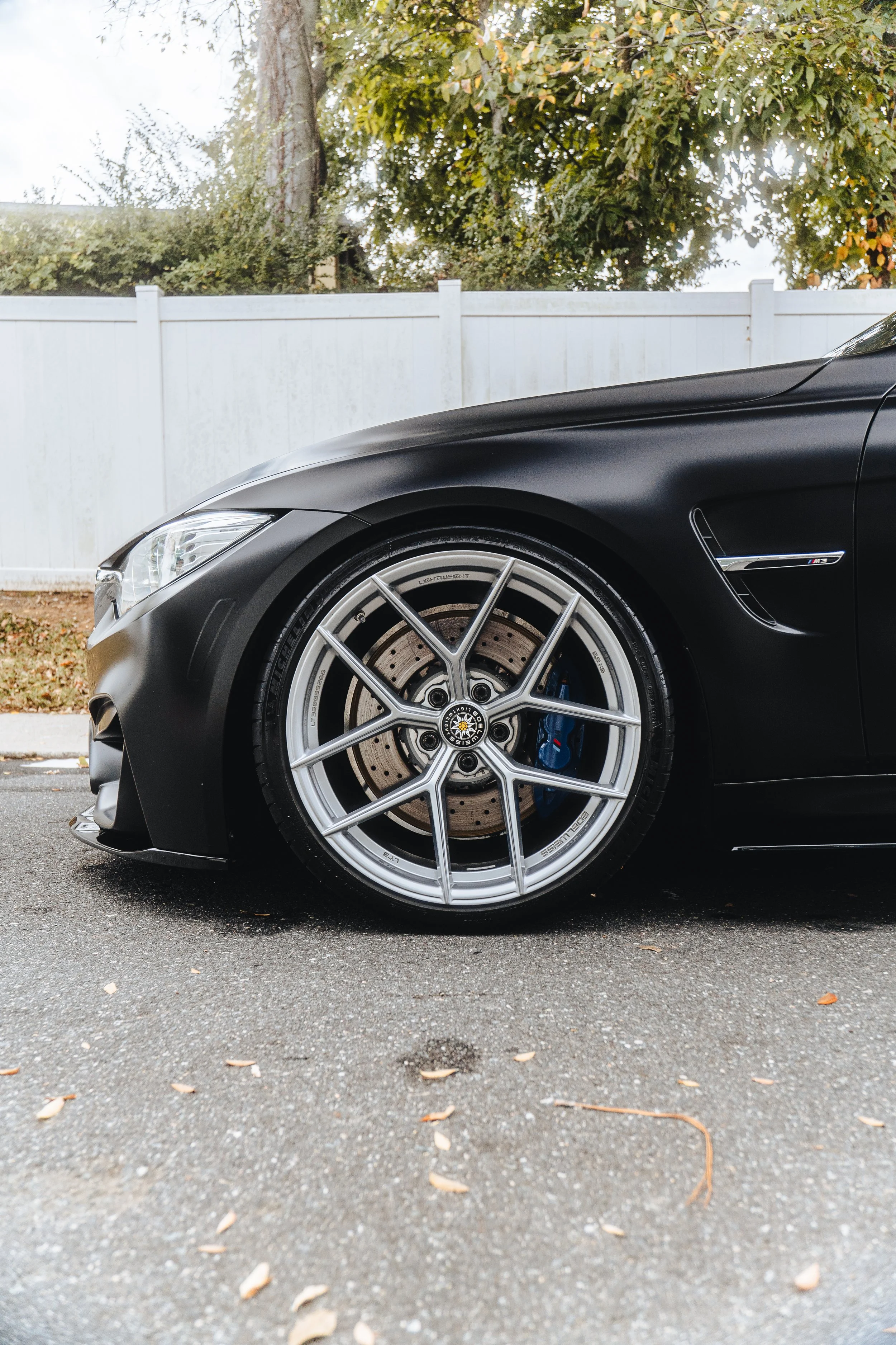 Close-up of the front right side of a black sports car with a sleek design, silver alloy wheel, and large brake caliper, parked on a street with leaf debris, a white fence, and green trees in the background.