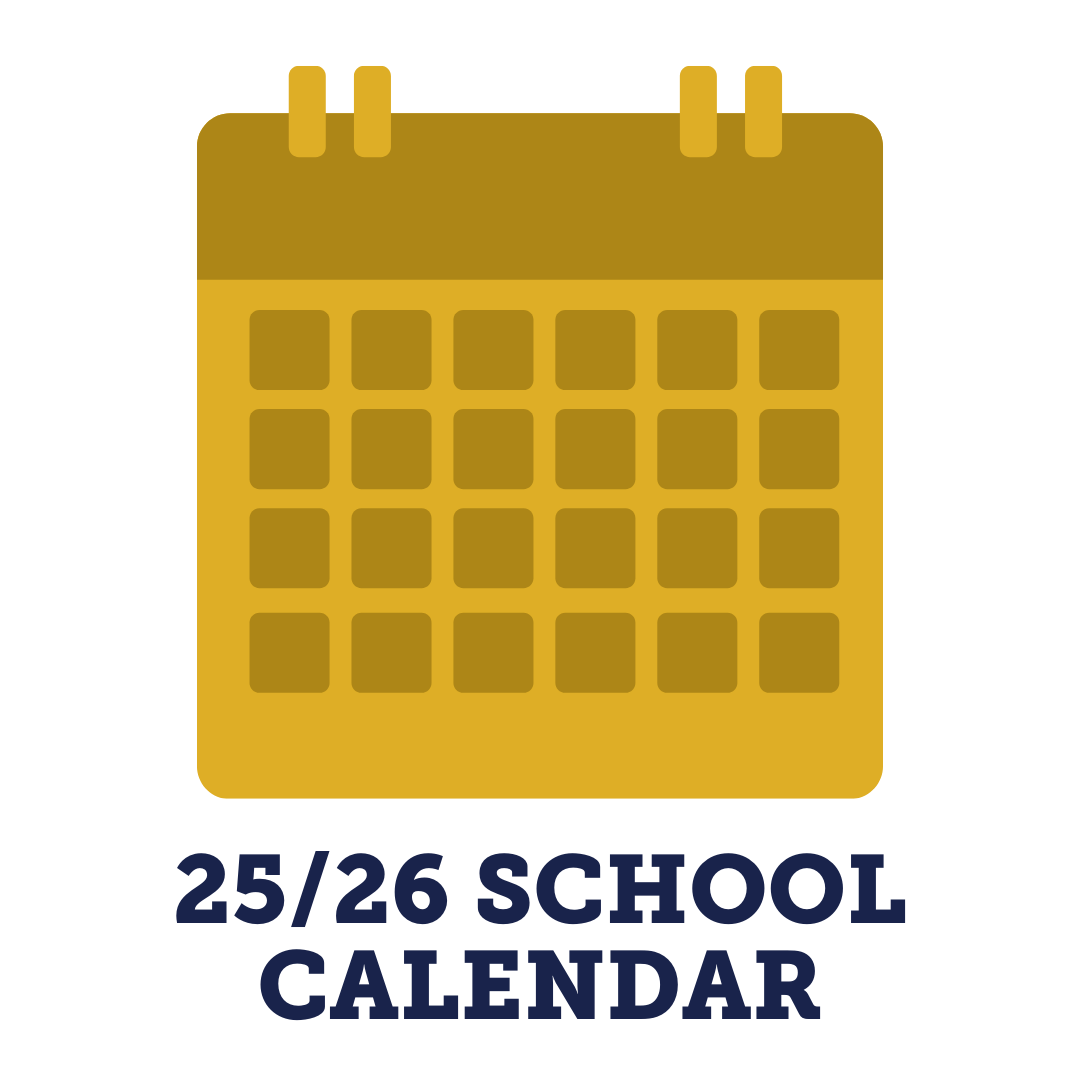 A mustard yellow desktop calendar icon with grid pages and two binder rings at the top. Text below reads '25/26 SCHOOL CALENDAR'.