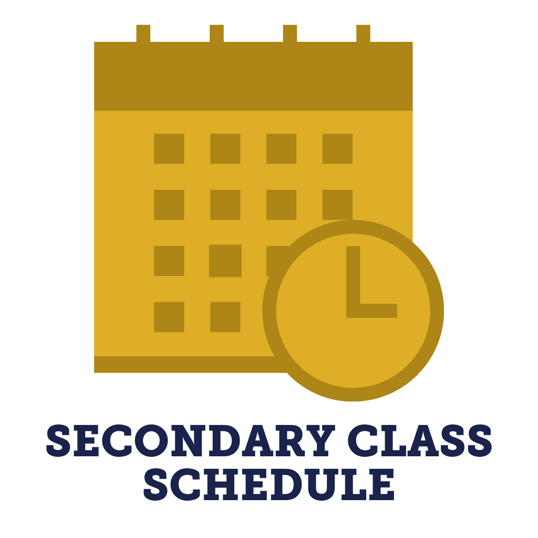 Graphic of a school building with a clock, labeled "Secondary Class Schedule".