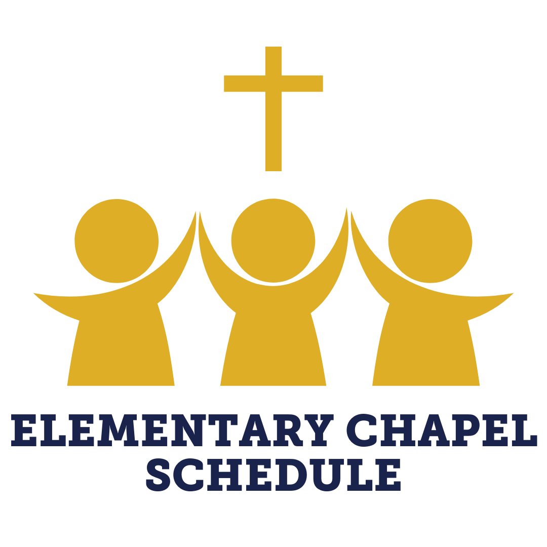 Graphic with three gold stylized children raising their arms, holding a gold cross above them, and the text 'Elementary Chapel Schedule' in navy blue at the bottom.