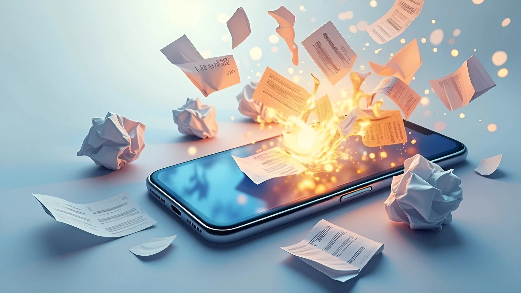 floating crumpled paper receipts some of them on fire when touching a iphone screen to show how a shared wallet app can help with traditional IOUs