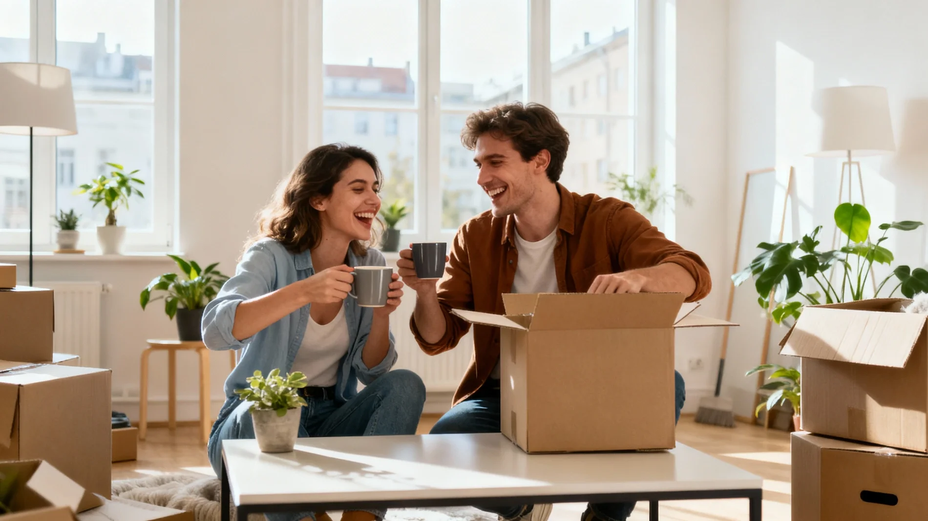 Two partners in a new well-lit home unpacking and drinking coffee, boxes in the background