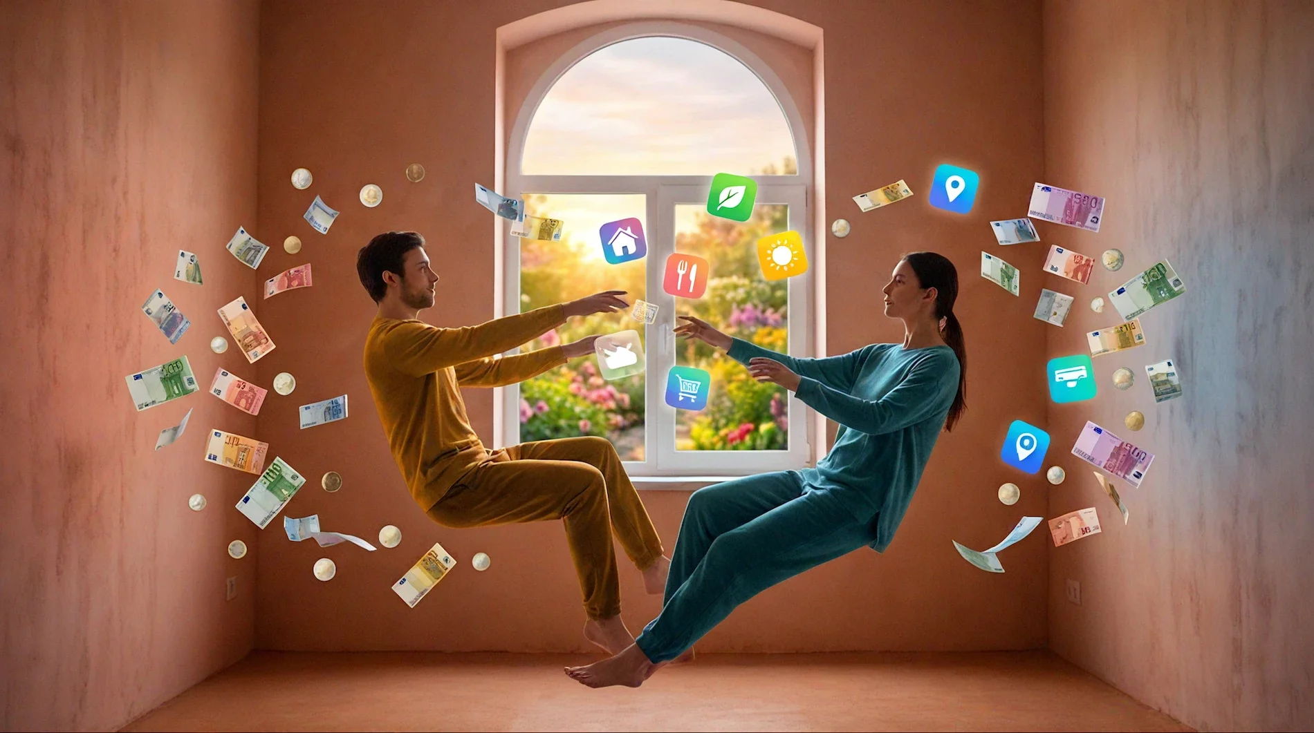 a couple man and woman flying in the air in the apartment surrounded by a flow of money bills and icons of shared expenses