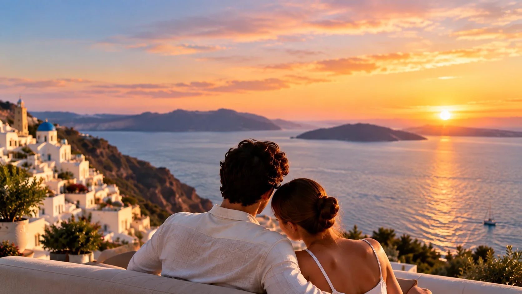 A couple looking the sunset in the santorini island