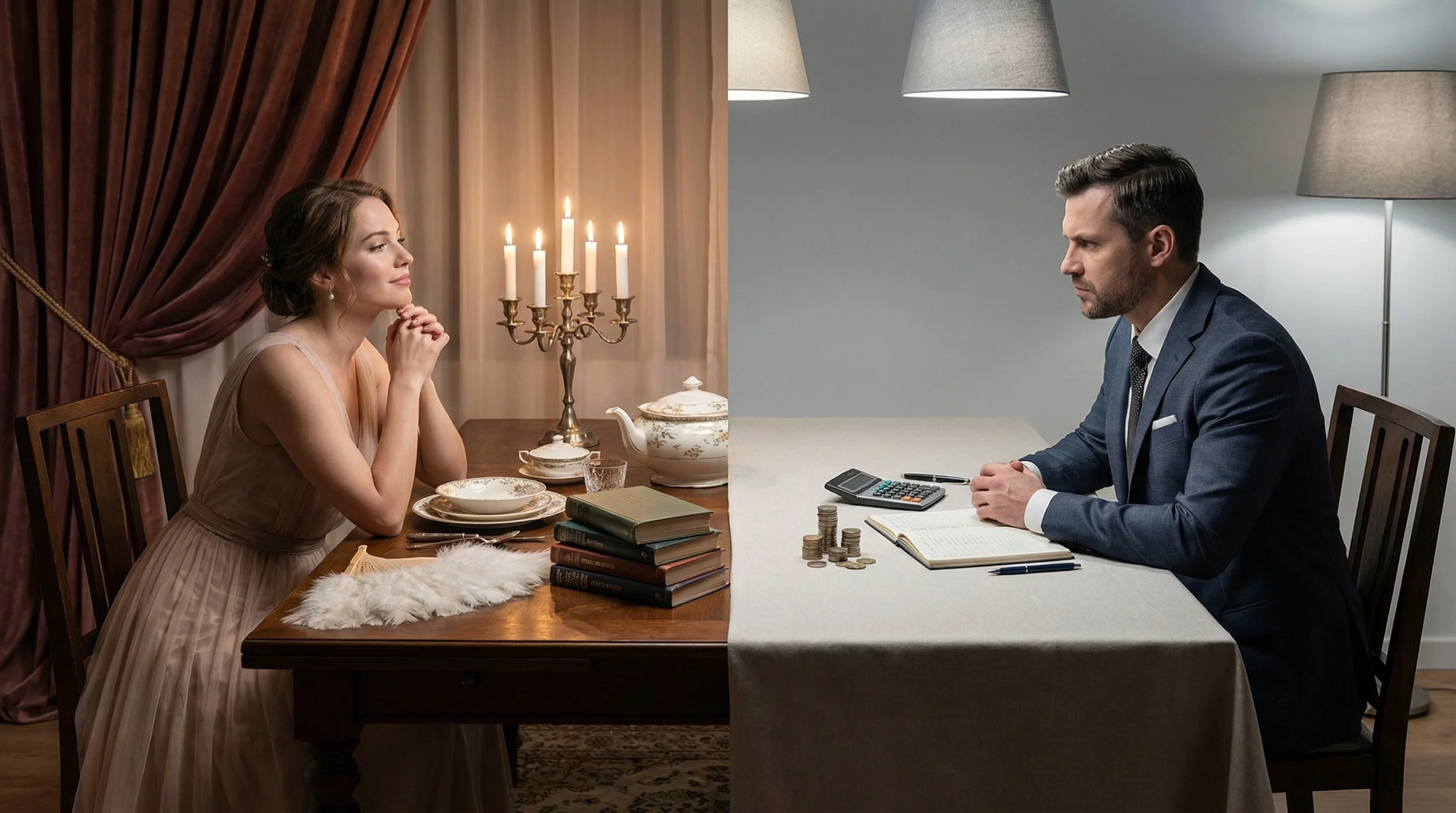 split screen on one side a saver man with calculator and money on table and on the other a woman well dressed with expensive porcelain dishes and books on the table