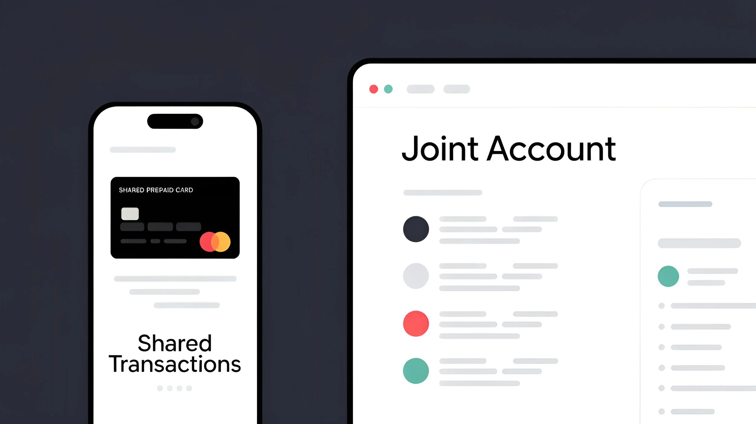 Mobile on the left showing a Shared Prepaid Virtual Card Wallet and a Computer Screen showing a Joint Account - 2 alternatives for managing shared expenses
