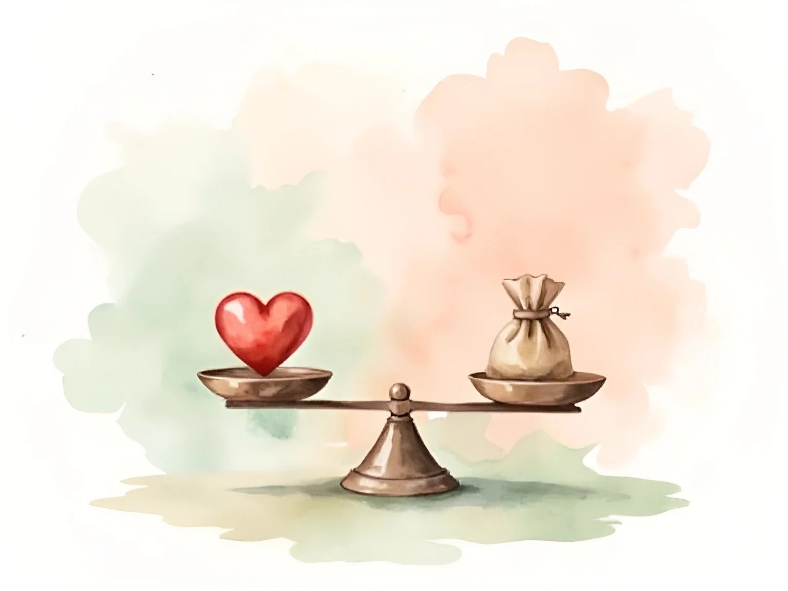 A watercolor painting of a seesaw on one side a red heart and on the other a pouch