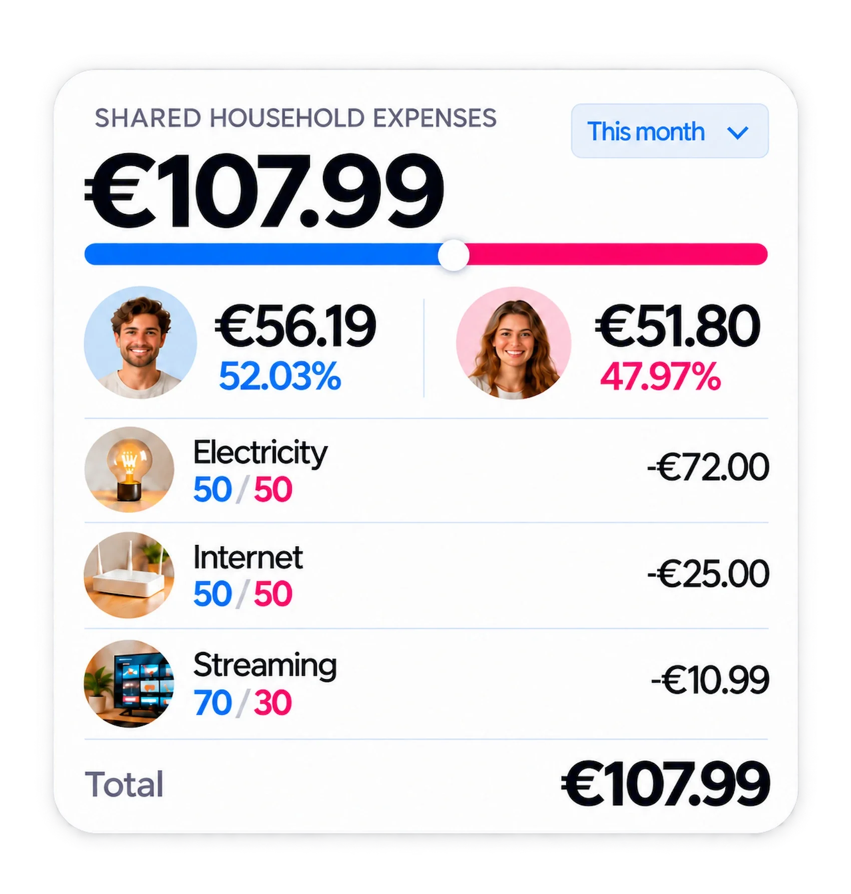 card showing the shared household expenses electricity internet streaming amounts and contribution percentages