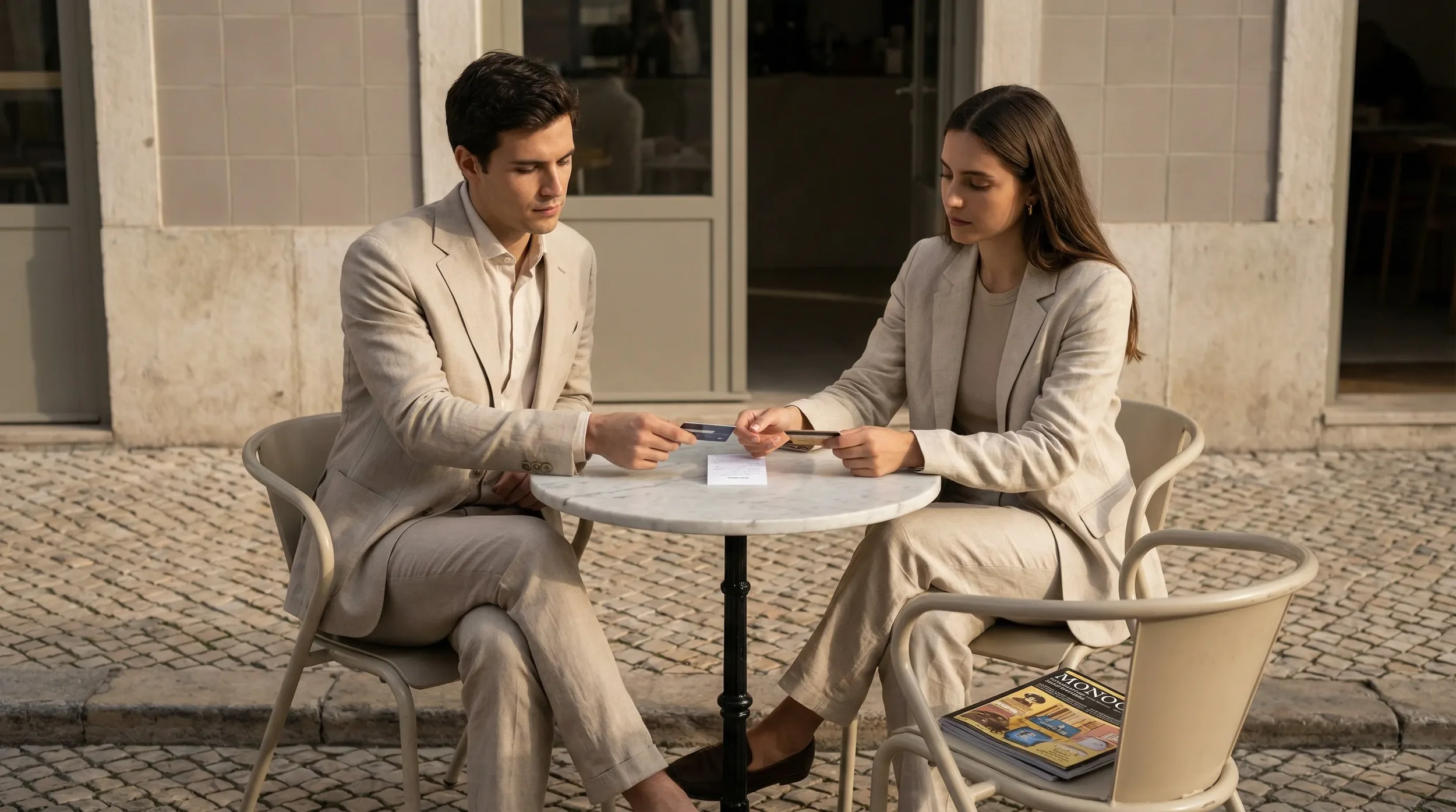 Couple man and woman sitting at a coffee table in milano each holding their card to pay