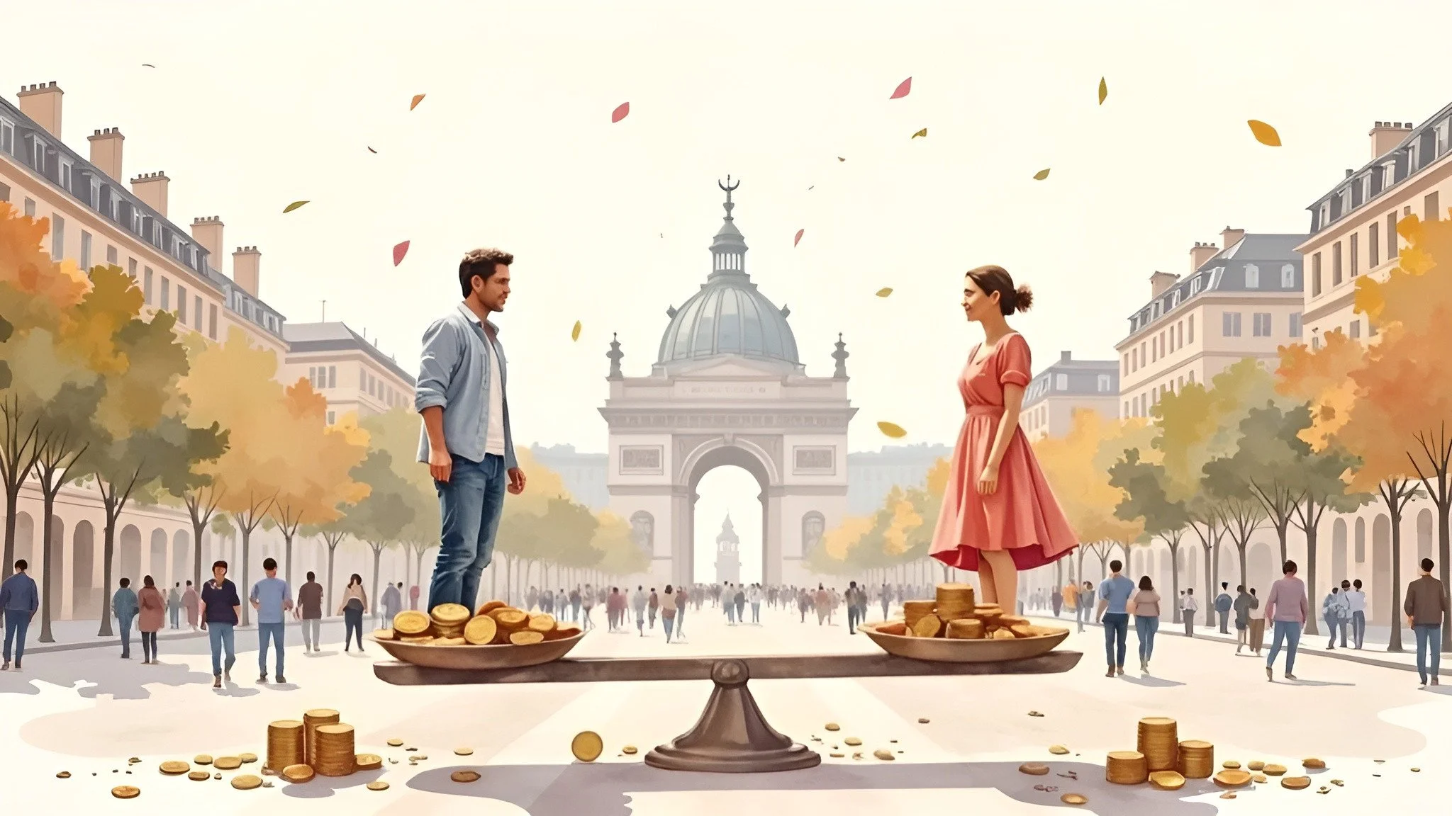 A scale a man and a woman on each side each having different amount gold coins but the scale is in balance to show financial harmony when one earns more