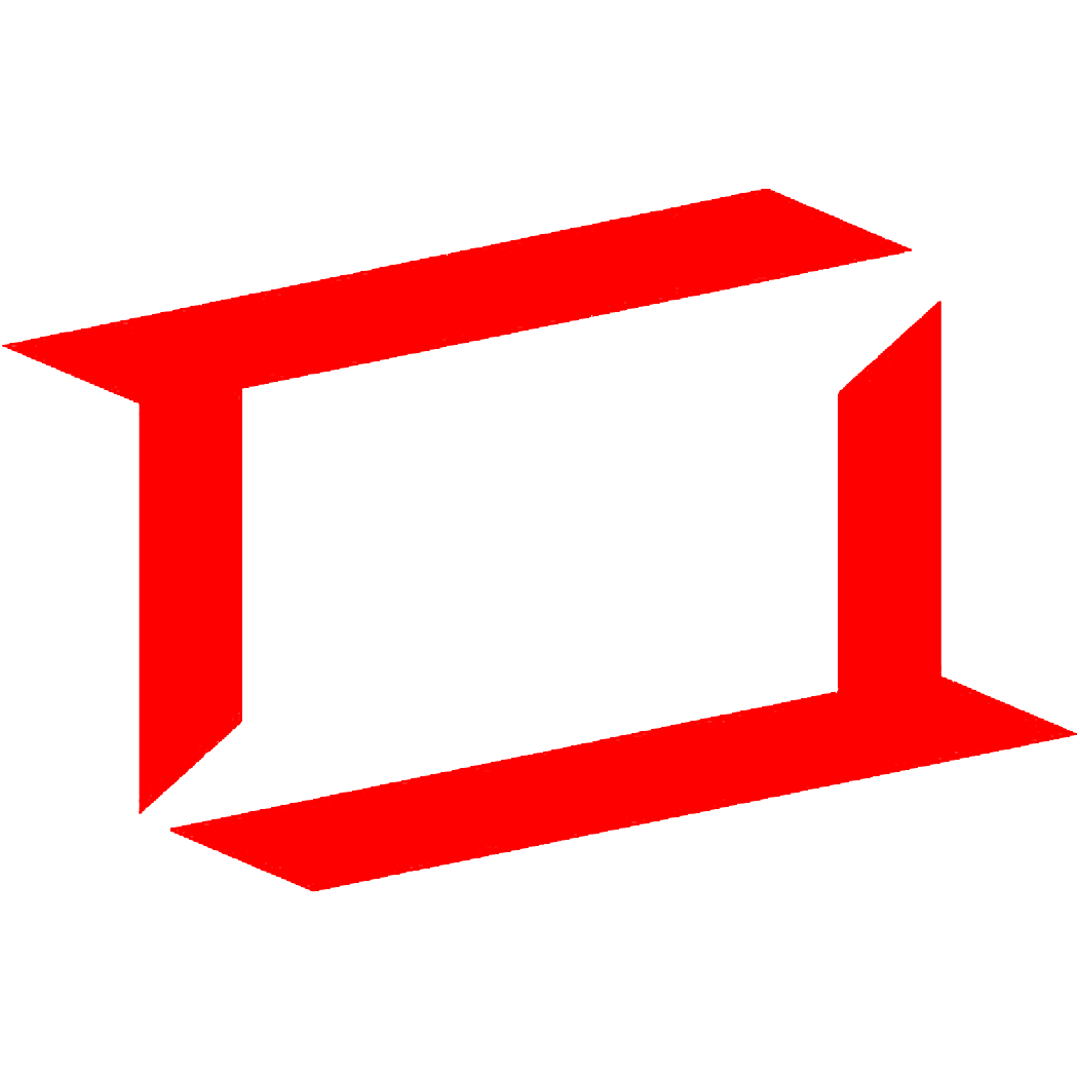 Red and black 3D geometric shape resembling a hollow rectangular box
