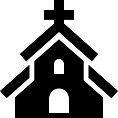 A black and white line drawing of a church