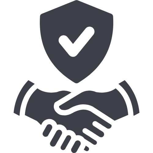 Illustration of a shield with a checkmark above two shaking hands, symbolizing trust and agreement.