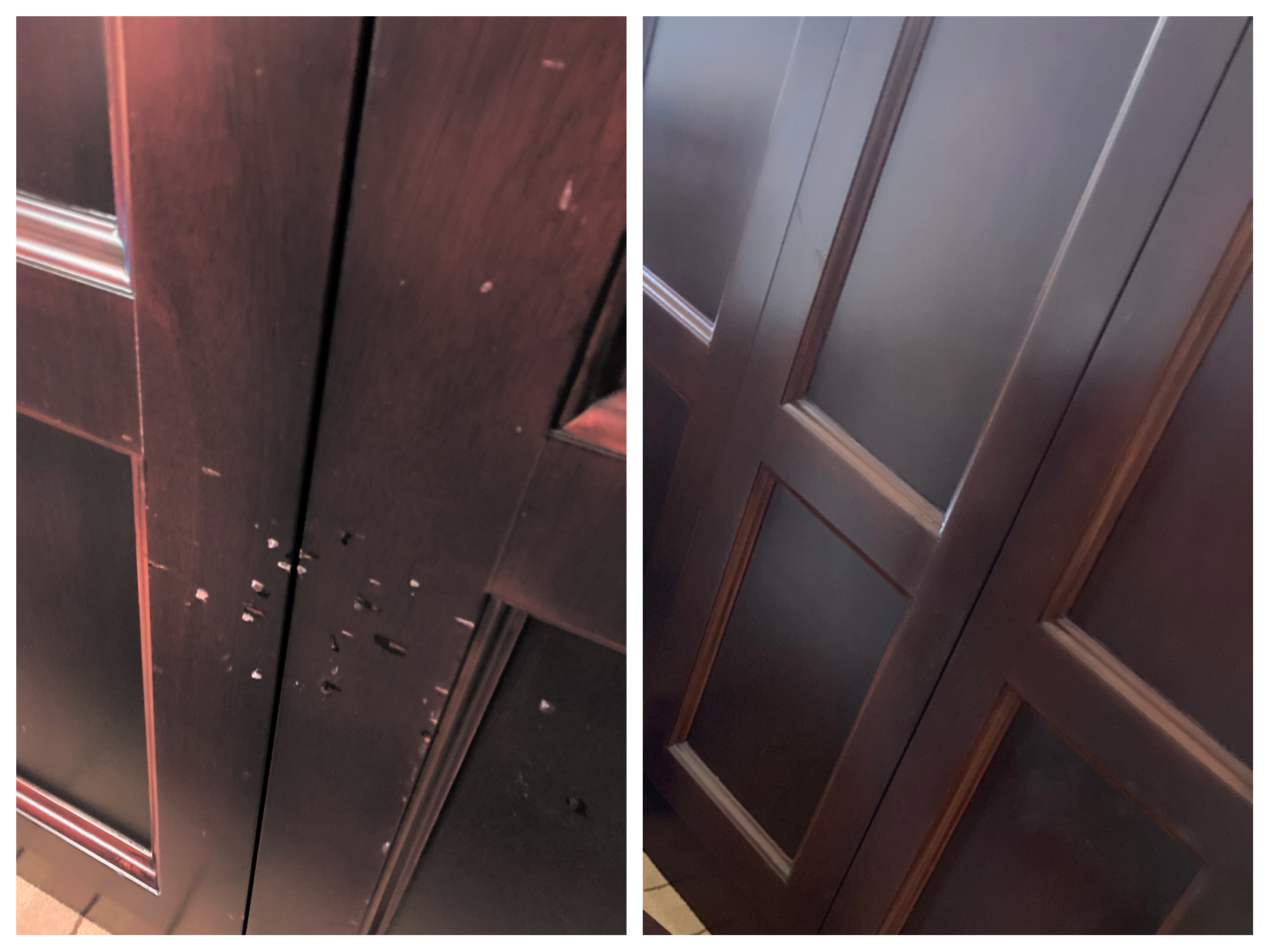 Before and after: Architectural millwork refinishing and paneling restoration at the Rosewood Mansion on Turtle Creek in Dallas. Tilia Design Co. performed expert surface cleaning, color matching, and finish revitalization of historic wood elements, 