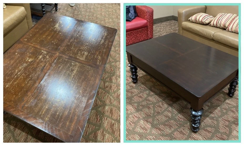 Commercial furniture touch-up and suite refresh at Choctaw Casino & Resort in Pocola, Oklahoma. Tilia Design Co. executed a comprehensive FF&E revitalization for luxury guest suites, performing technical finish repairs and on-site wood restoration to