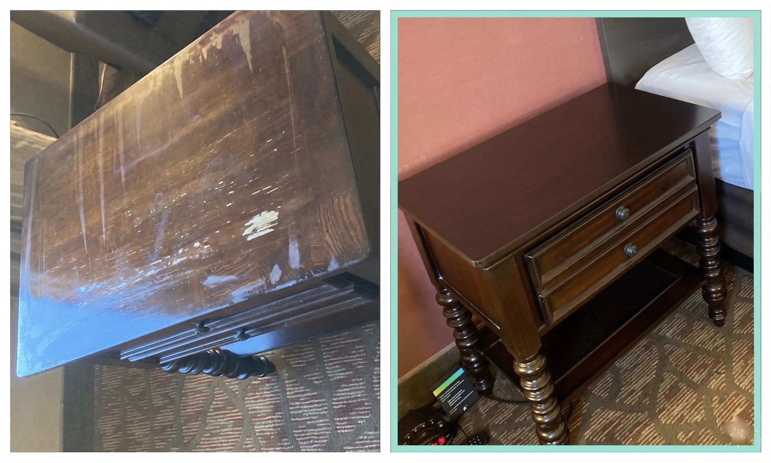Before and after of a commercial furniture surface restoration for a luxury hotel in Oklahoma City. Tilia Design Co. repairs deep scratches, water rings, and finish damage on-site to maintain high-end hospitality interiors.