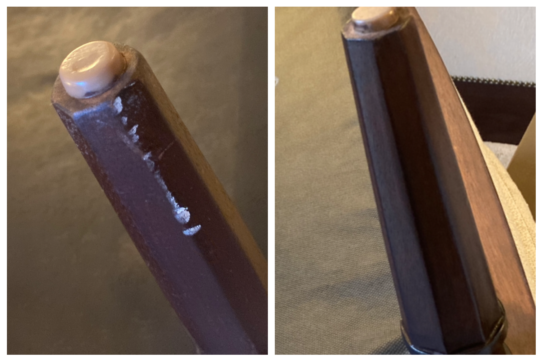 Technical restoration of scratched and worn chair legs in a high-traffic Frisco hotel lobby. Tilia Design Co. performed precision cleaning and finish touch-ups to restore the original luster and professional appearance of the guest seating. Specializ