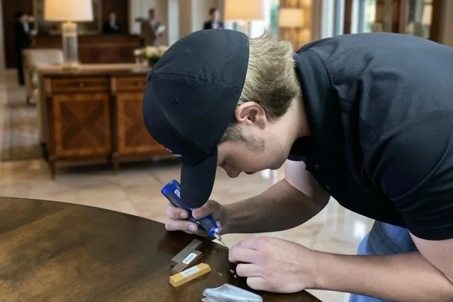 Professional artisan performing precision furniture touch ups on a high-end wood hotel desk in a luxury guestroom.