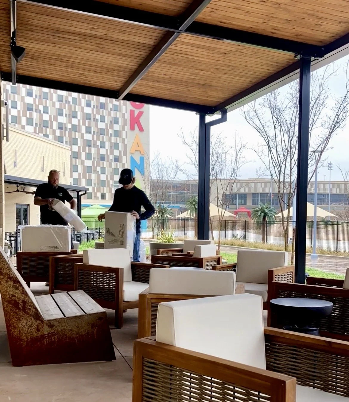 Outdoor hospitality furniture installation at Okana Resort, Oklahoma. Tilia Design Co. technicians provide precision assembly and staging for resort pavilions and high-use commercial outdoor spaces.
