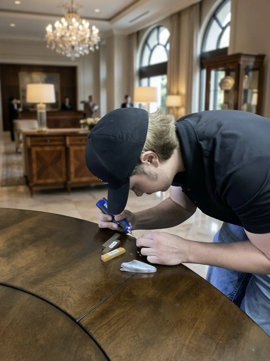 On-site furniture restoration and wood touch-up for a luxury boutique hotel in Oklahoma City. Tilia Design Co. provides certified technical repair for high-end hospitality interiors.