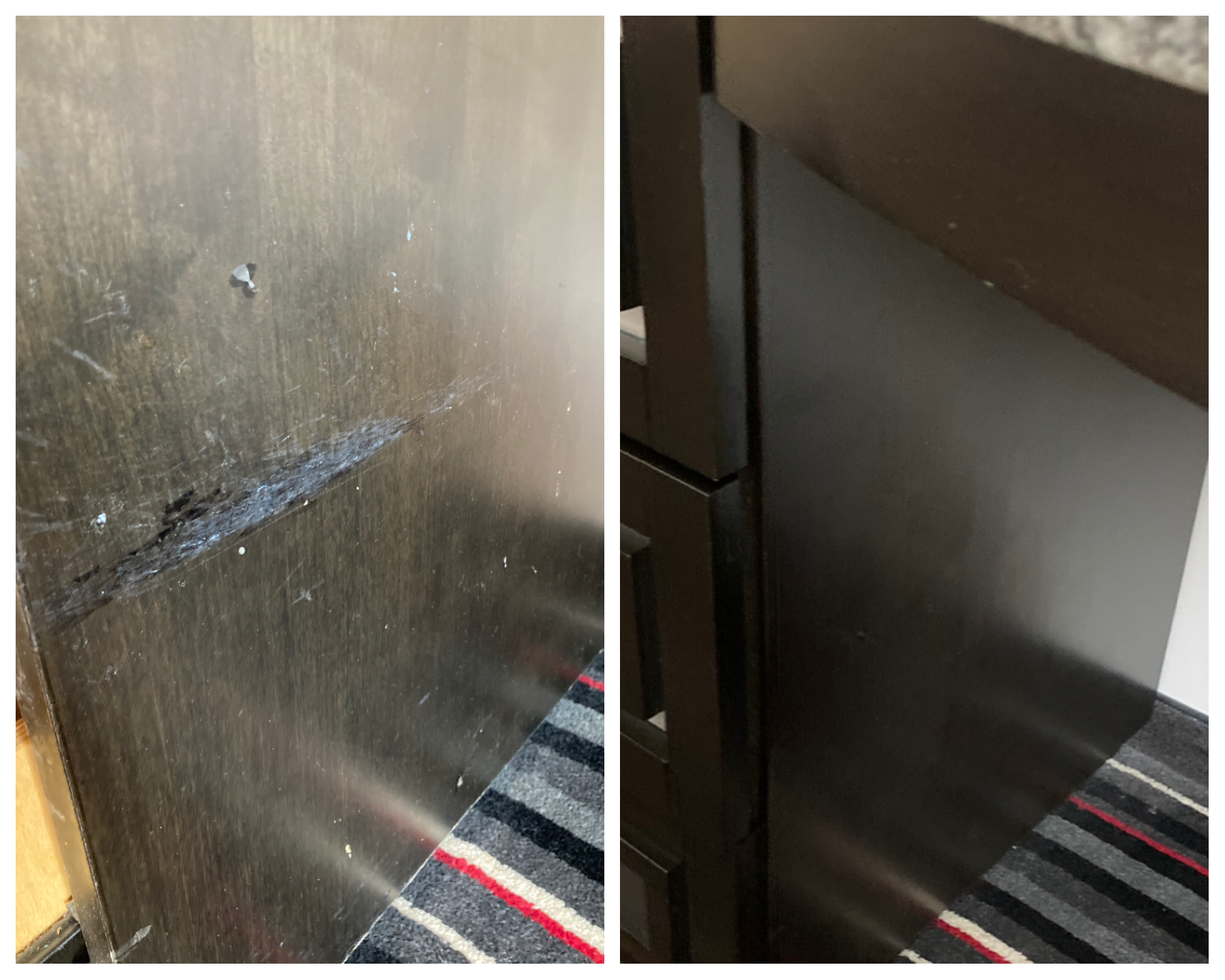 Luxury suite furniture retouching and precision wood touch-up at the Hard Rock Hotel & Resort in Tulsa, Oklahoma. Tilia Design Co. specializes in maintaining the premium interior standards of top-tier casino resorts, providing on-site restoration for