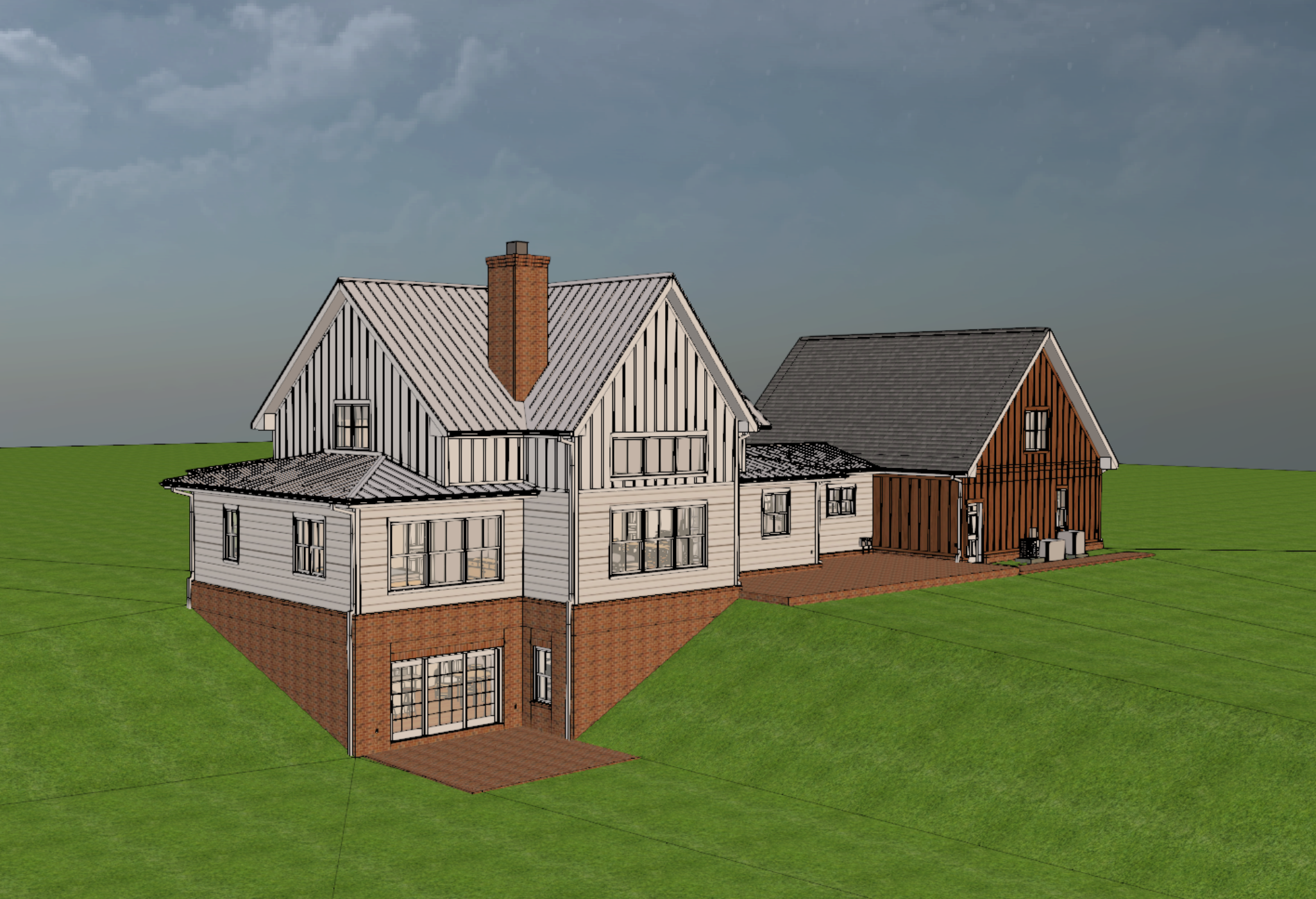 A digital rendering of a multi-story house with a brick foundation, white siding, and black and white vertical-striped exterior, featuring multiple windows, a chimney, and a small outdoor patio area, set on a grassy landscape with a cloudy sky background.