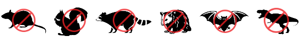 Set of seven black silhouettes of rats with red prohibition signs over each one.