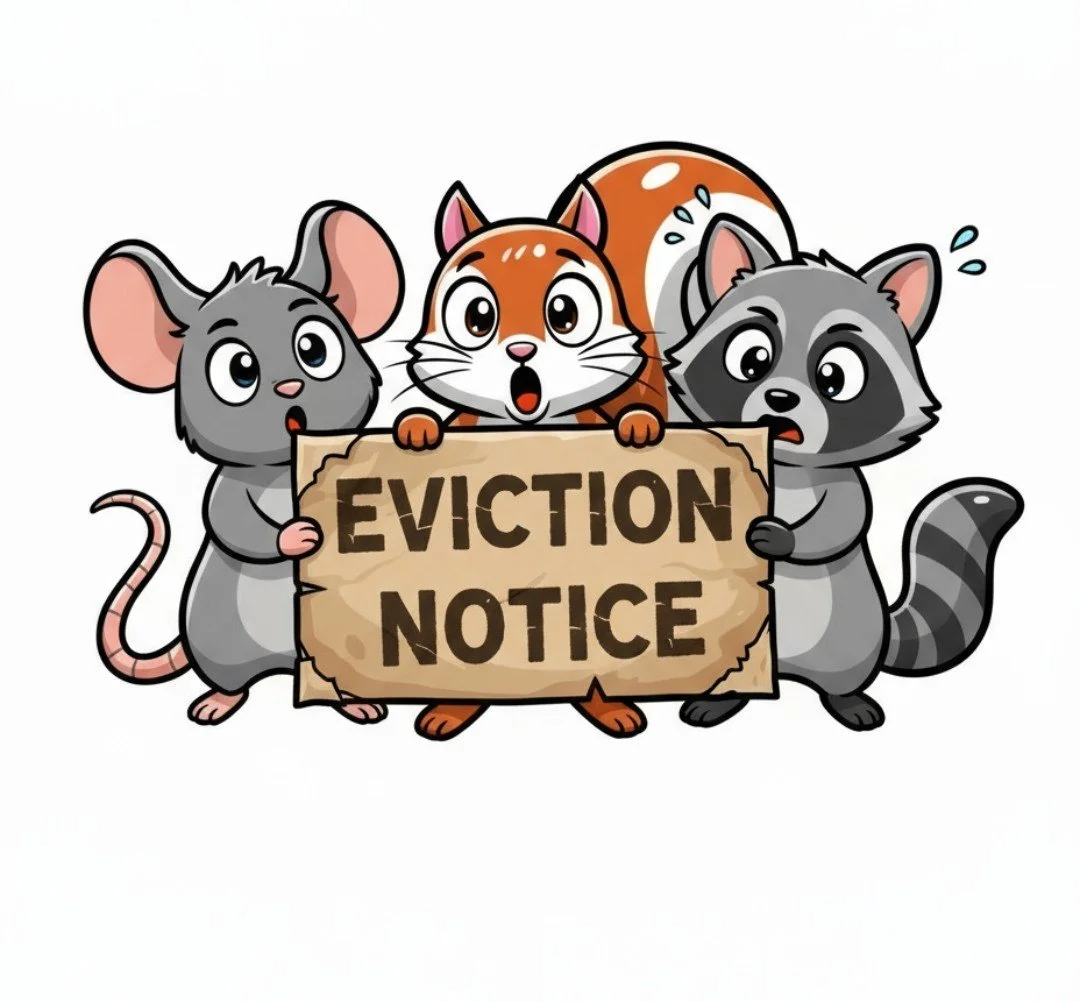 Cartoon illustration of two mice and a raccoon holding a sign that says 'Eviction Notice' with surprised and worried expressions.