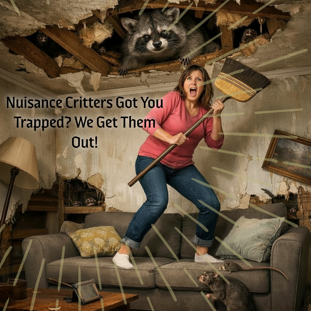 A woman on a couch holding a broom, looking terrified while rats run on the couch and rats are peeking through a damaged ceiling with raccoons. The room has a broken ceiling, torn wallpaper, and a distressed appearance.