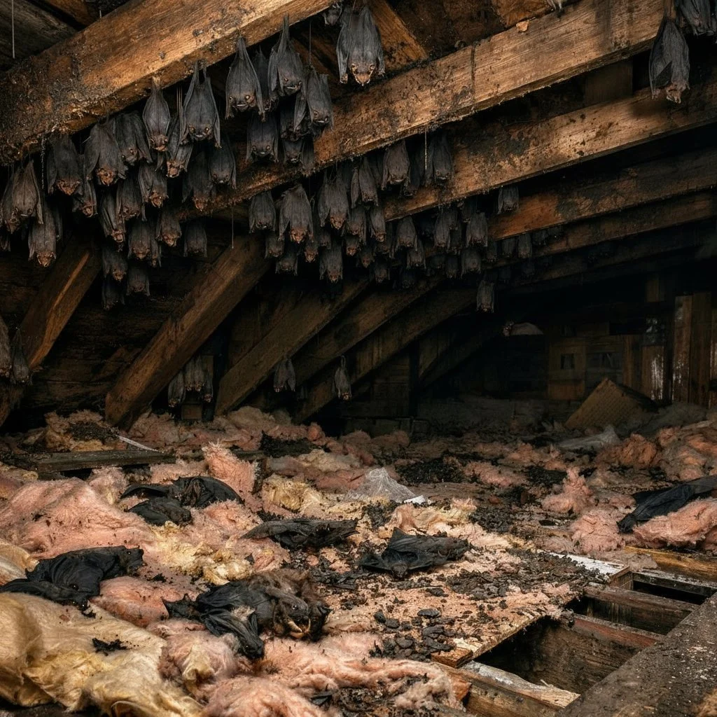 A large bat with leathery wings clings to a wooden surface, its face and ears clearly visible.