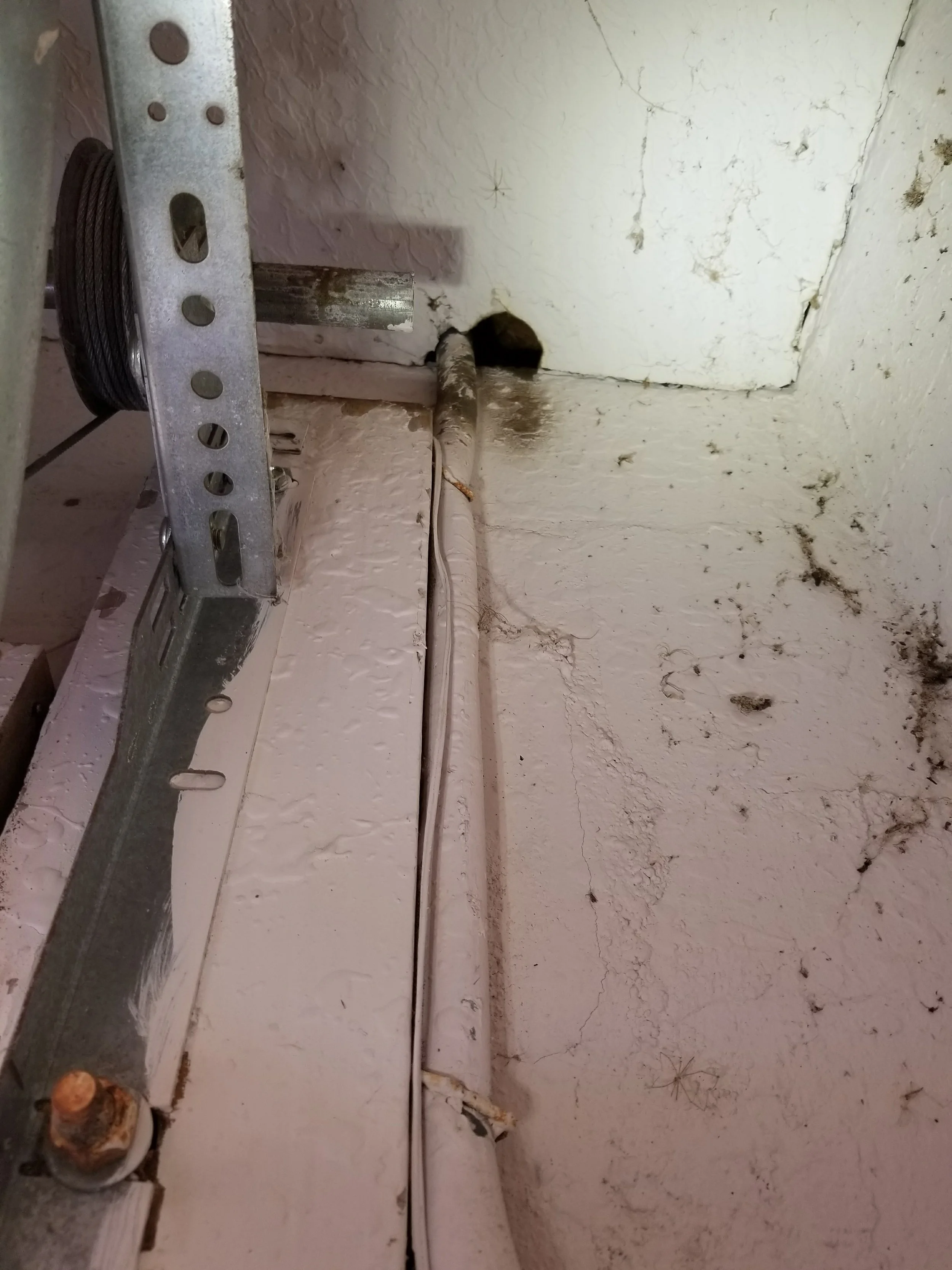 View of an unfinished or damaged ceiling corner showing pipes, a metal bracket with a pulley, and spider webs with small spiders.