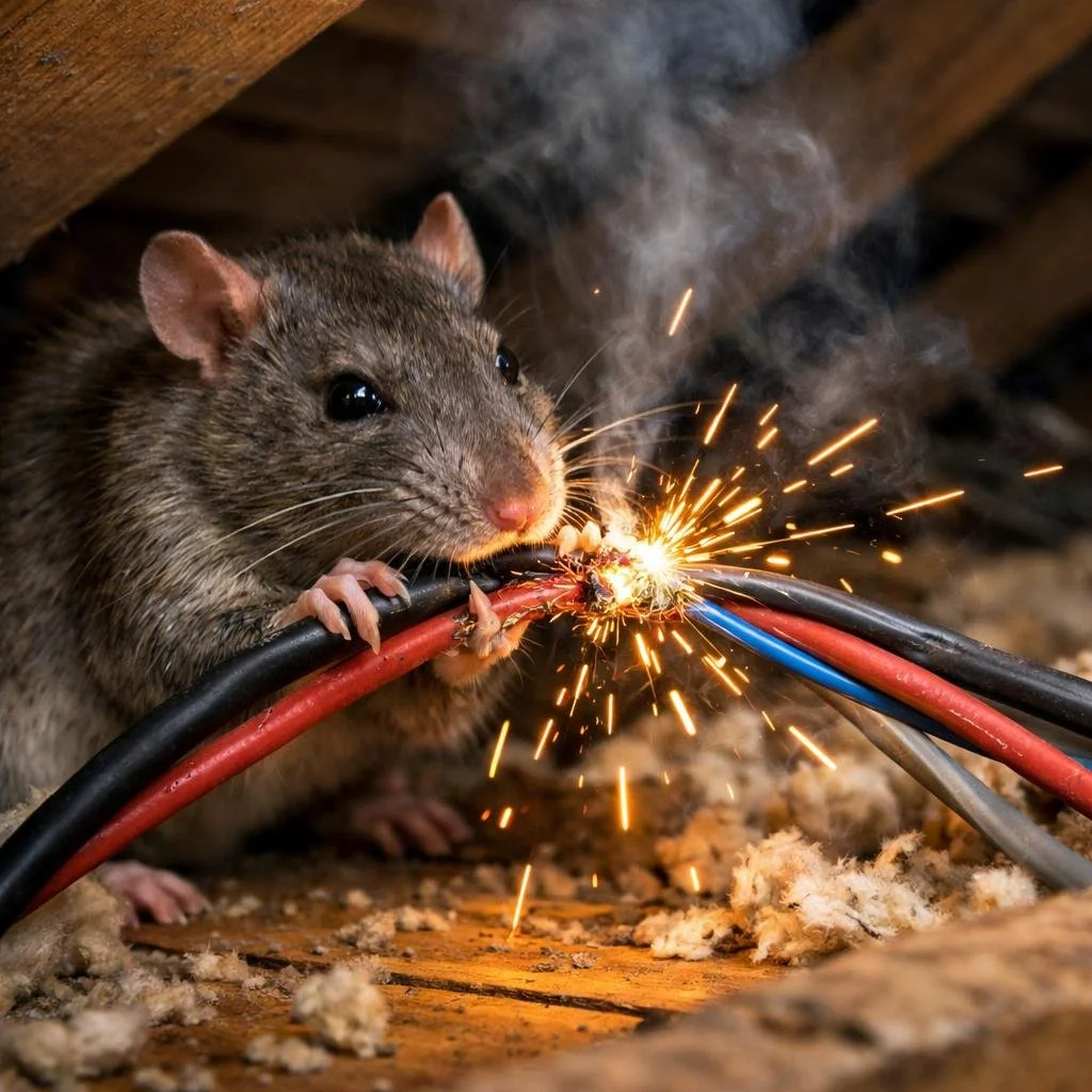 A small brown and gray mouse with pink paws stands on weathered wooden planks, surrounded by green plants and dry twigs.