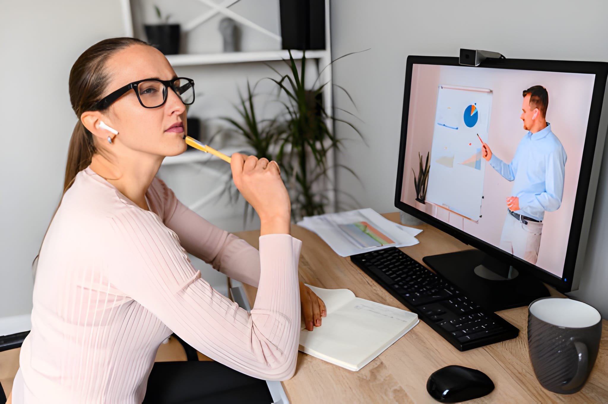 A woman sitting at a desk during an online meeting, holding a yellow pen near her lips, with a computer screen displaying a man giving a presentation.