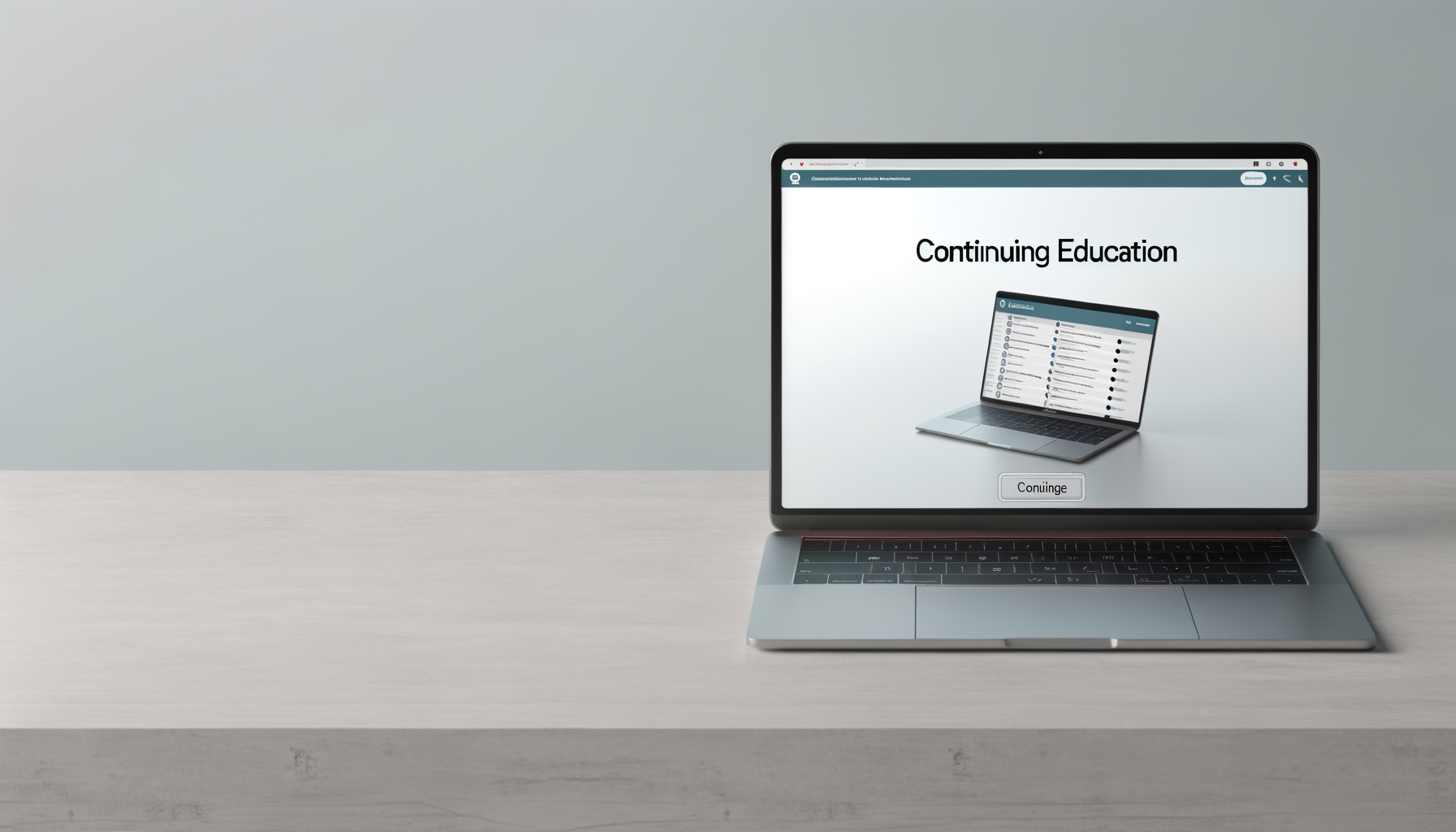 Open laptop on a white desk displaying a website titled "Continuing Education" with an image of a laptop showing course options.