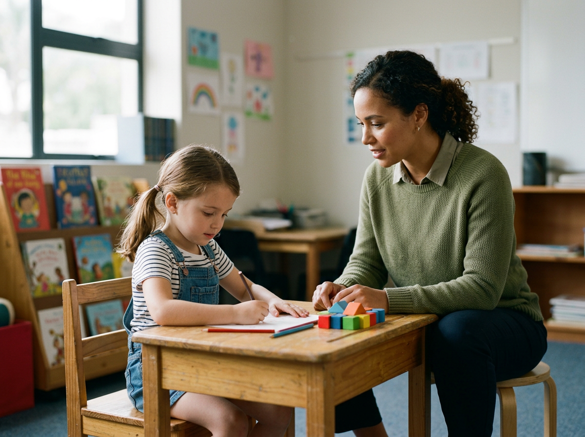 A young girl sitting at a small table drawing with colored pencils while a Tech watches and interacts with her in a home or a school setting.